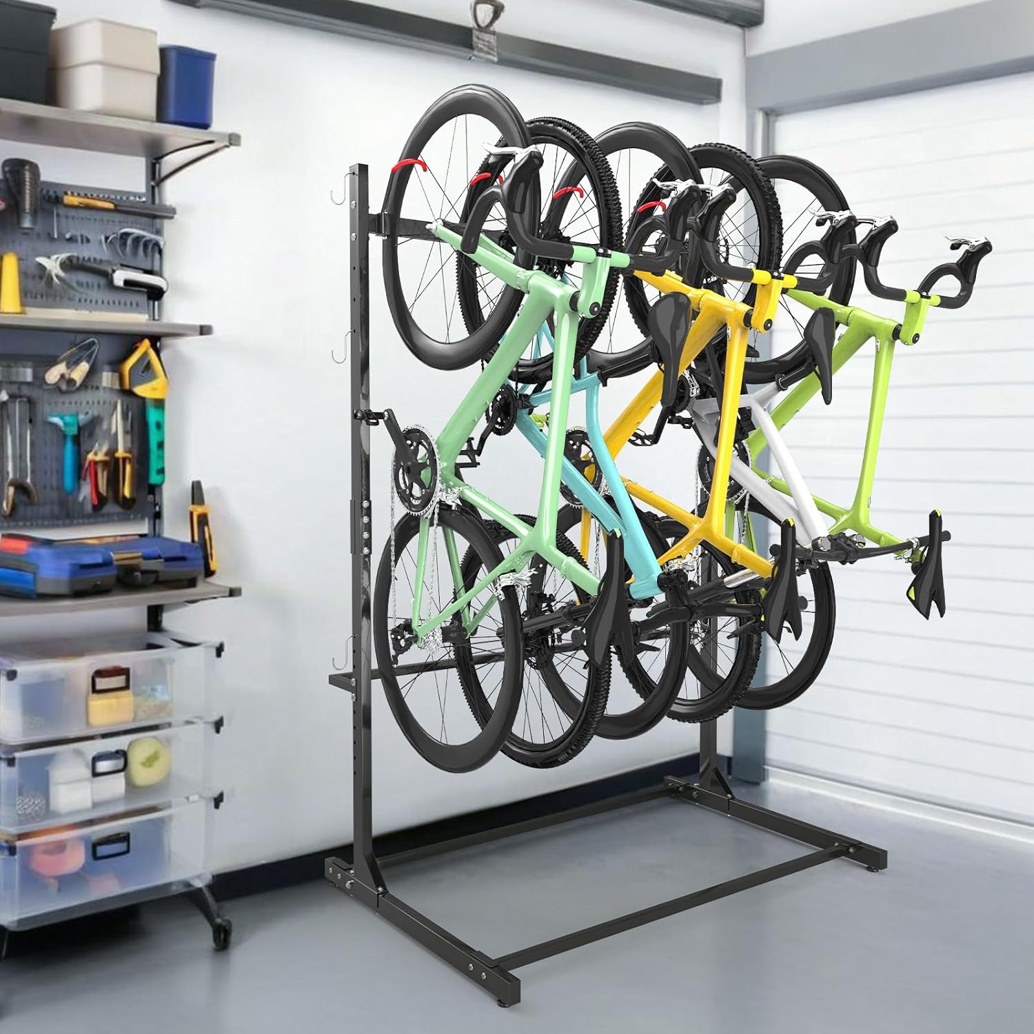 52" Freestanding 5 Bikes Storage Rack, Heavy Duty Garage Vertical Storage Rack for Storage w/Upgrade Hooks, Bike Floor Stand Indoor Outdoor Bicycle Organizer