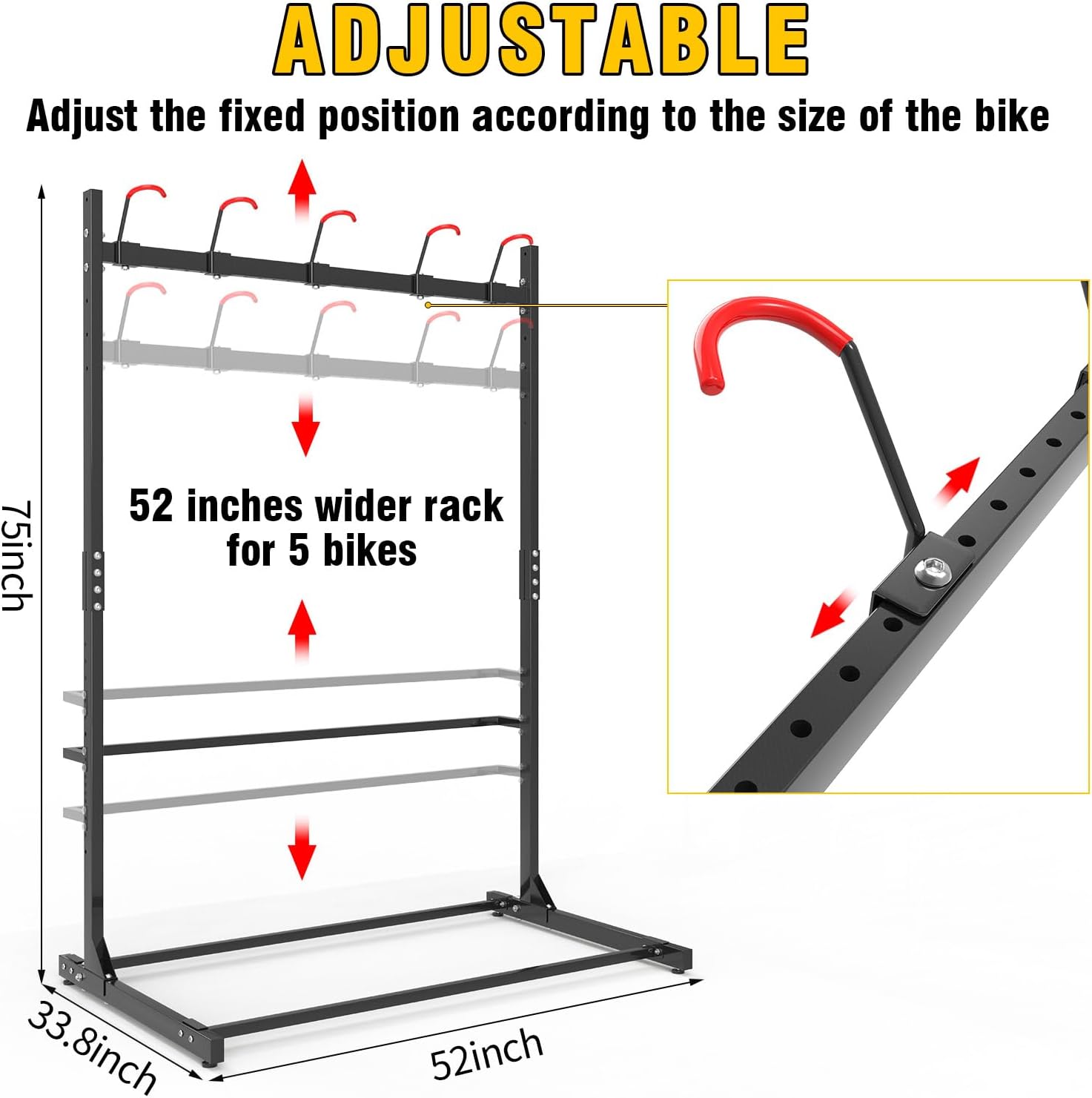 Alternative view of 52" Freestanding 5 Bikes Storage Rack, Heavy Duty Garage Vertical Storage Rack for Storage w/Upgrade Hooks, Bike Floor Stand Indoor Outdoor Bicycle Organizer