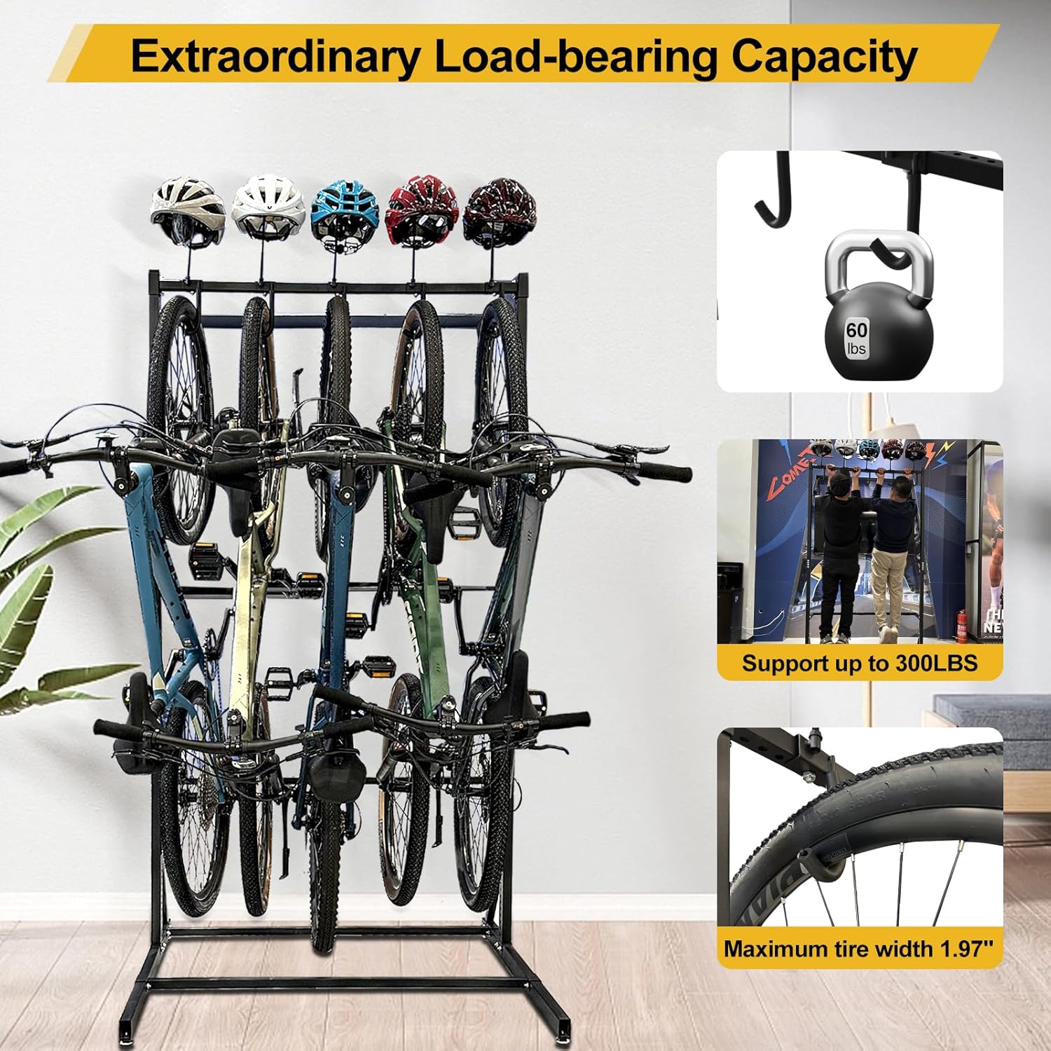 Alternative view of Upgraded Freestanding Bike Rack Storage - Vertical Bike Stand Max 5 Bikes with Helmet Holders, Heavy-Duty Solid Steel Bicycle Stand Indoor Garage Floor Stand