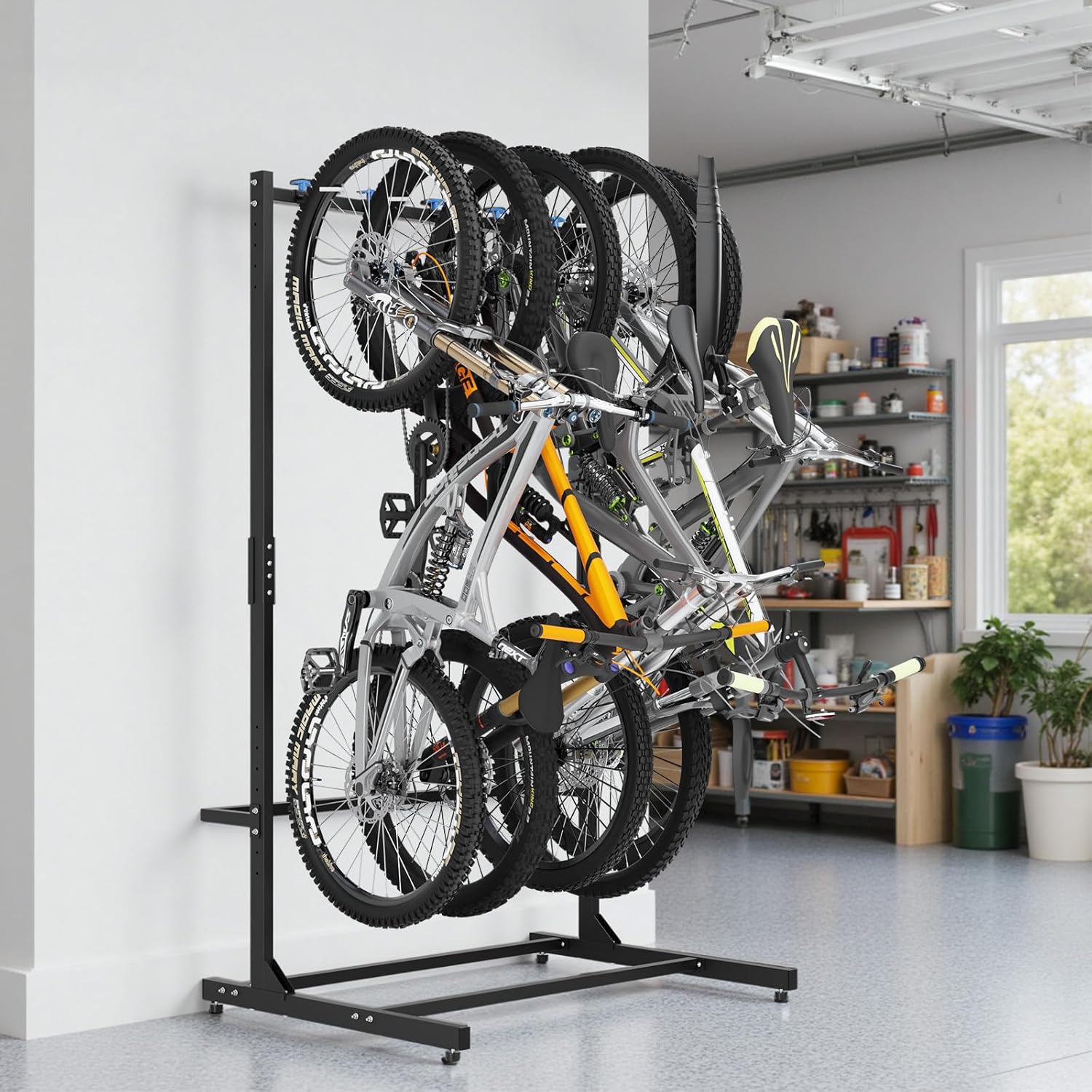 Freestanding Bike Rack with Caster Vertical Bike Storage Stand for Garage Indoor Bicycle Organizer Holds Up to 5 Bikes