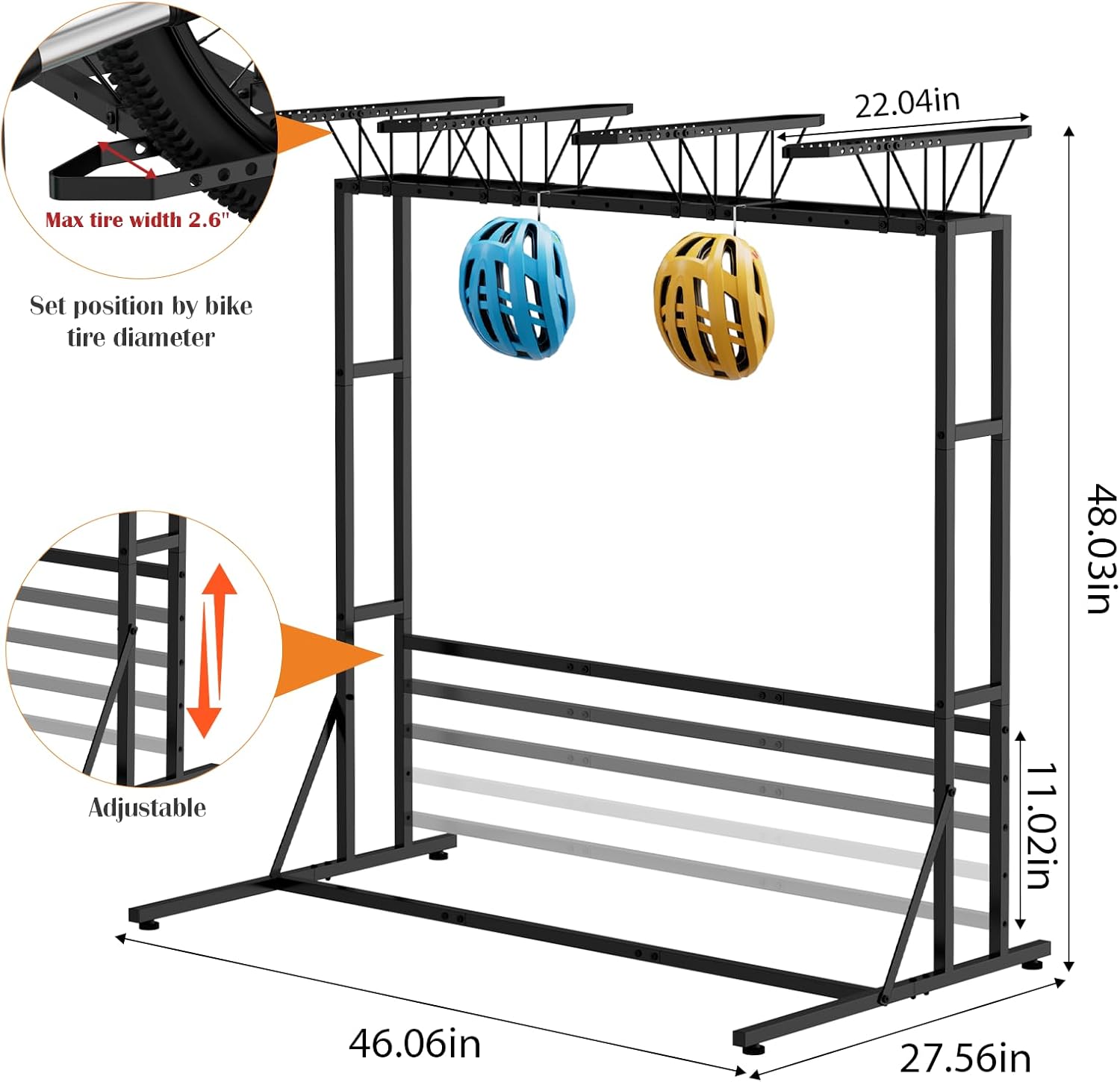OYEAL Bike Rack Garage Floor Bike Storage Stand with 6 Hooks, Indoor Vertical Bicycle Organizer for 3 Adult Mountain/Road &1 Kids Bikes, Max Tire Width 2.6”, Black
