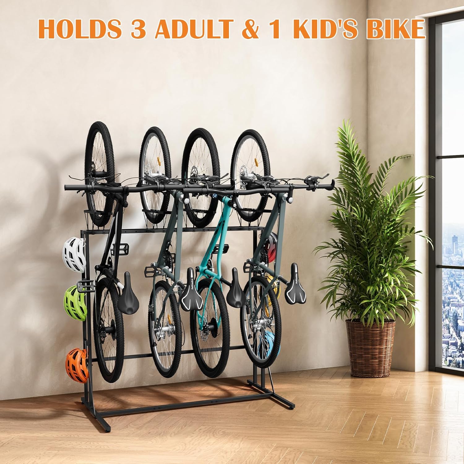 Alternative view of OYEAL Bike Rack Garage Floor Bike Storage Stand with 6 Hooks, Indoor Vertical Bicycle Organizer for 3 Adult Mountain/Road &1 Kids Bikes, Max Tire Width 2.6”, Black