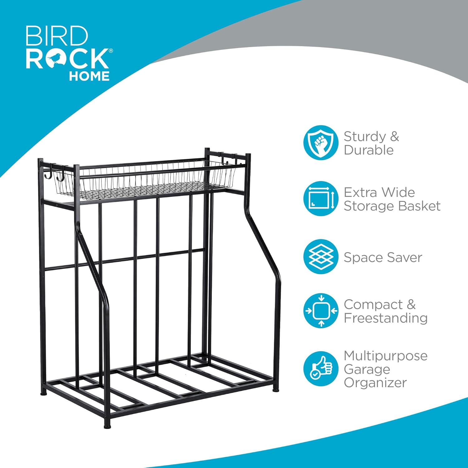 Alternative view of BIRDROCK HOME Bike Rack Garage Storage Floor Stand - Freestanding Organizer for Outdoor Yard - Upright Wall Mount for Scooters, Rakes, Motorcycles, Hoverboards, Gloves - Holds 3 Bicycle - Black