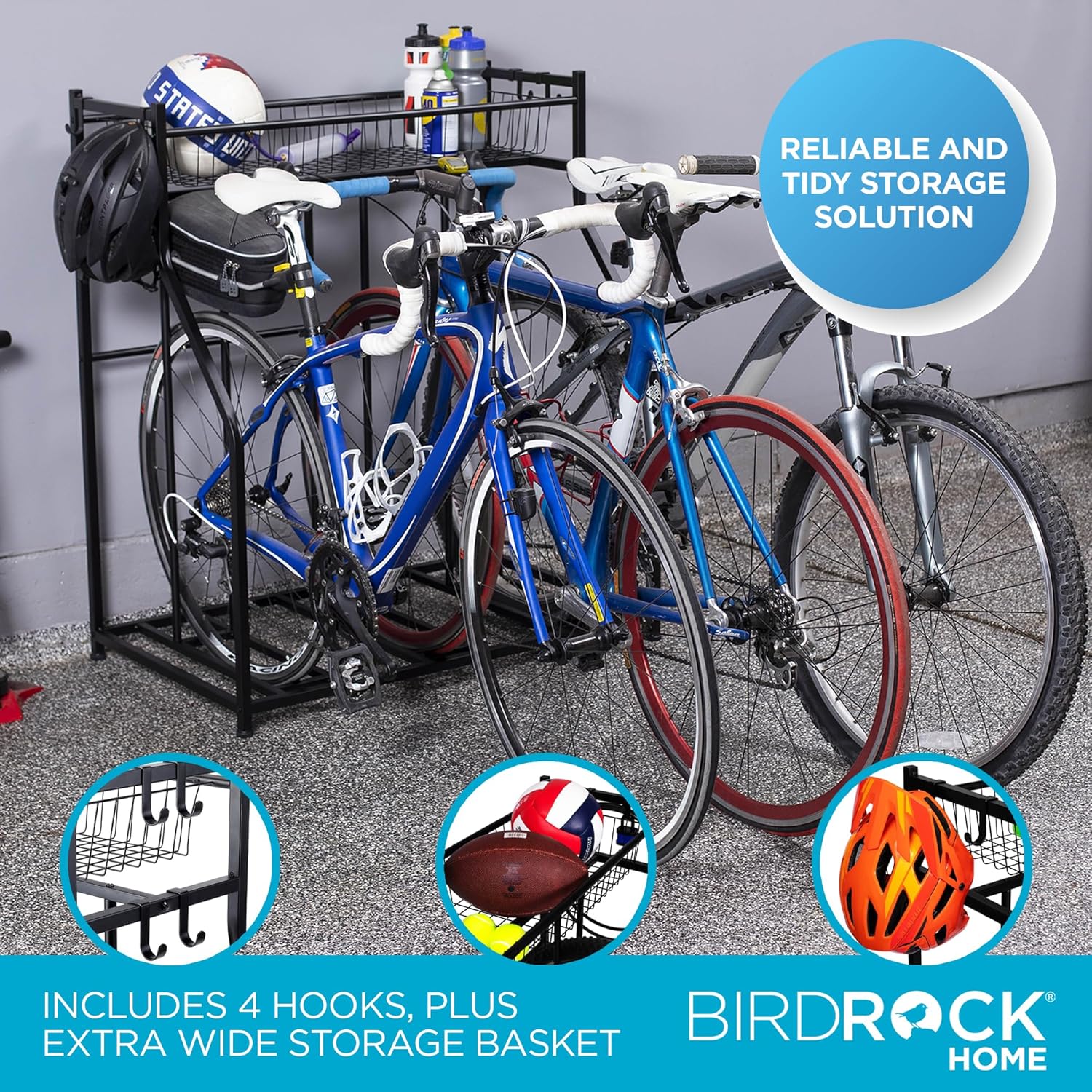 BIRDROCK HOME Bike Rack Garage Storage Floor Stand - Freestanding Organizer for Outdoor Yard - Upright Wall Mount for Scooters, Rakes, Motorcycles, Hoverboards, Gloves - Holds 3 Bicycle - Black - Image 3