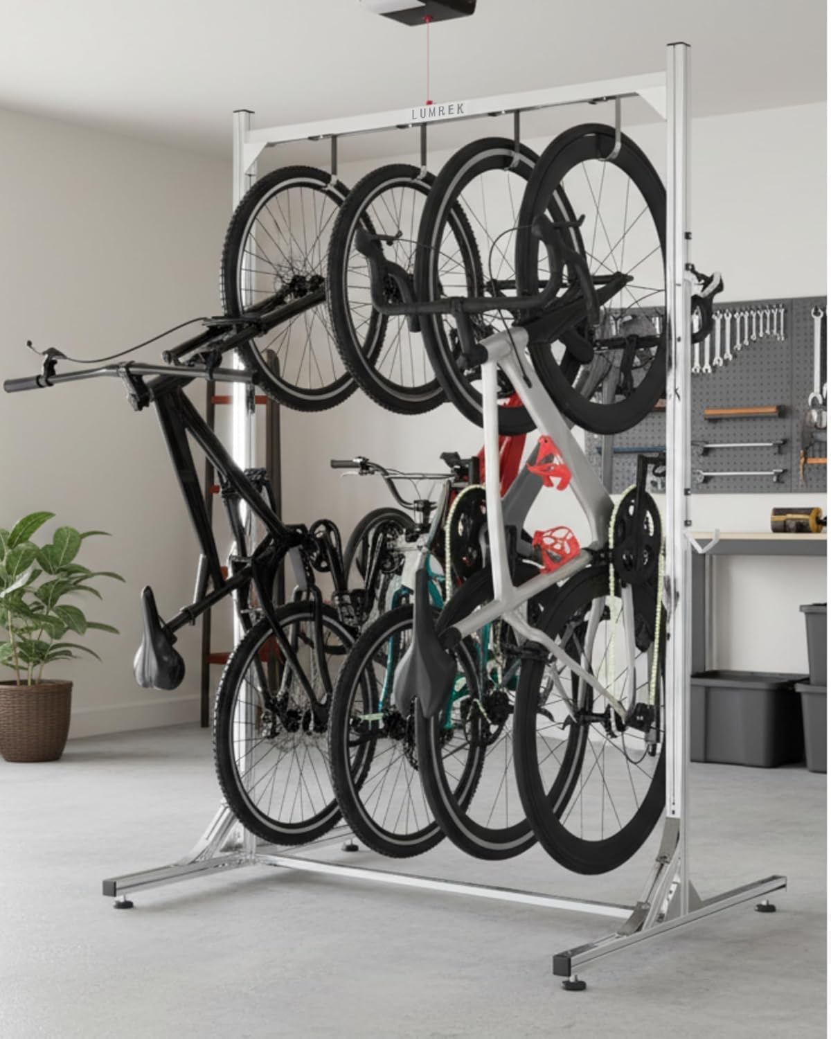 Alumium Alloy Freestanding Bike Rack for 4 Bikes, Vertical Bike Storage Stand with 4 Bike Hooks for Heavy Duty & 2 Hooks for Tool Room Garage Storage Room Indoor Outdoor