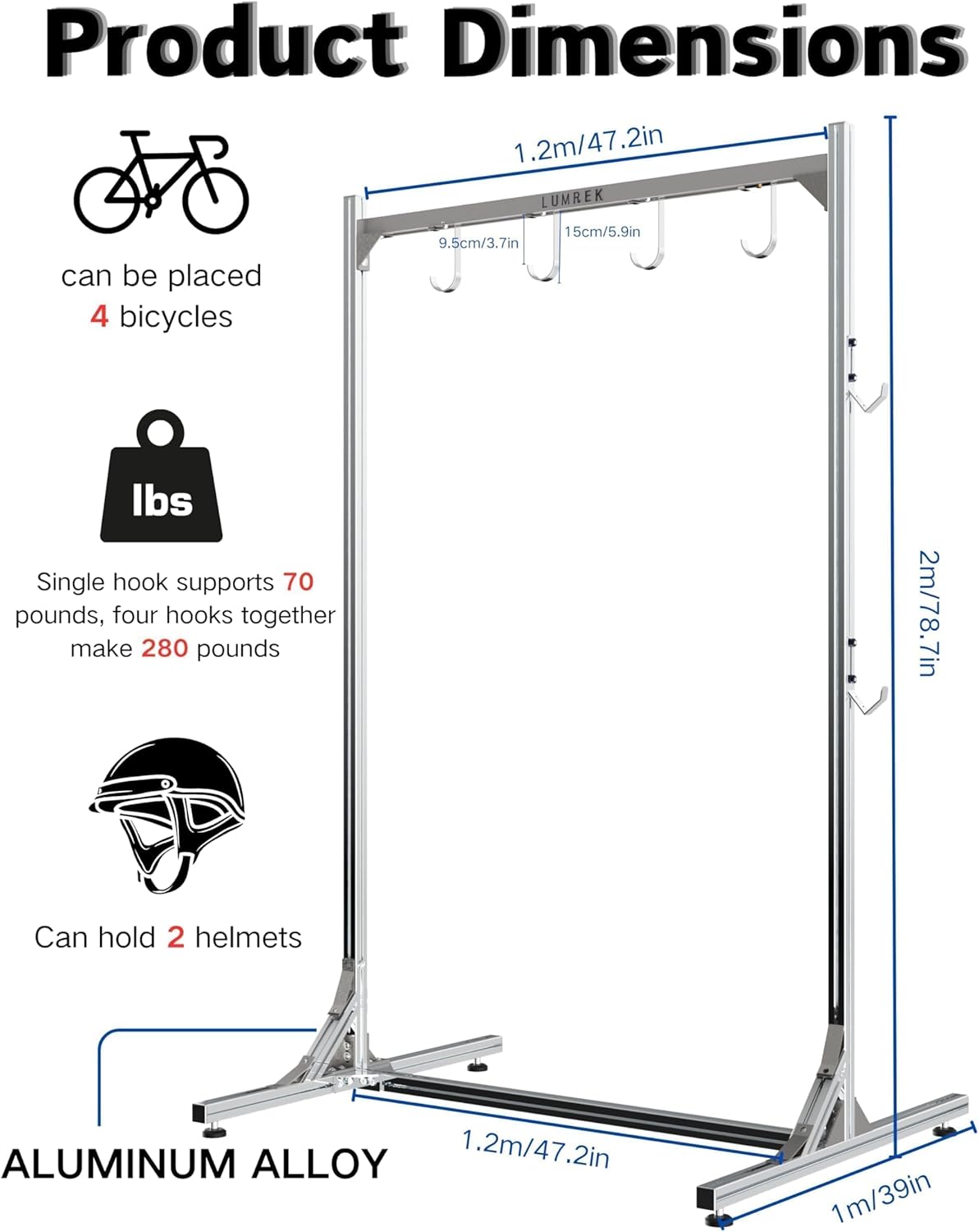 Alternative view of Alumium Alloy Freestanding Bike Rack for 4 Bikes, Vertical Bike Storage Stand with 4 Bike Hooks for Heavy Duty & 2 Hooks for Tool Room Garage Storage Room Indoor Outdoor