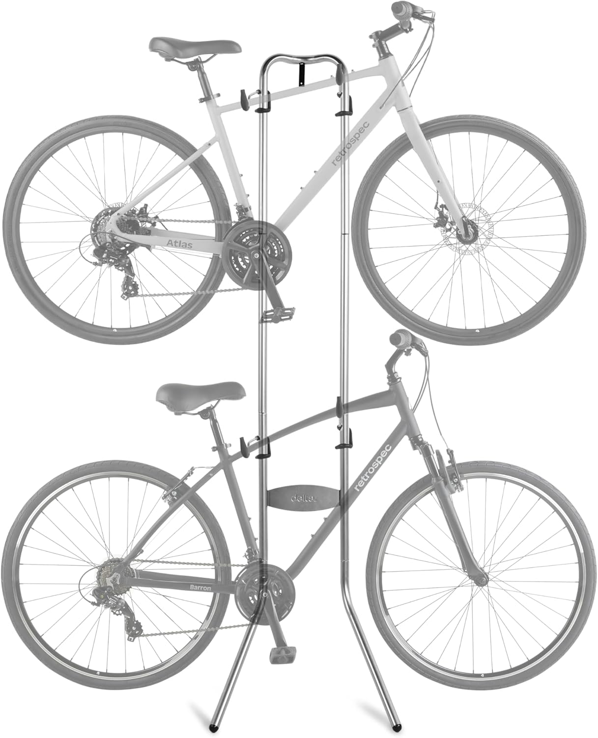 Retrospec Double Decker Vertical Garage Bike Rack - Free Standing Floor Storage Stand for 2 Bikes, 80lb Capacity, No Drilling Required - Adjustable Arms & Rubber Bumpers