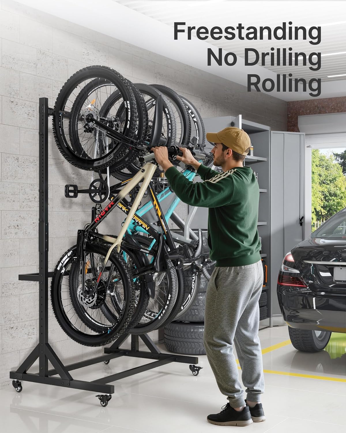 Alternative view of monTEK Freestanding Bike Storage Rack for 5 Bikes, Heavy Duty 350LBS Vertical Bike Stand with 5 Bike Hooks & 6 Helmet Hooks, Indoor and Outdoor Bike Storage Rack with Locking Casters