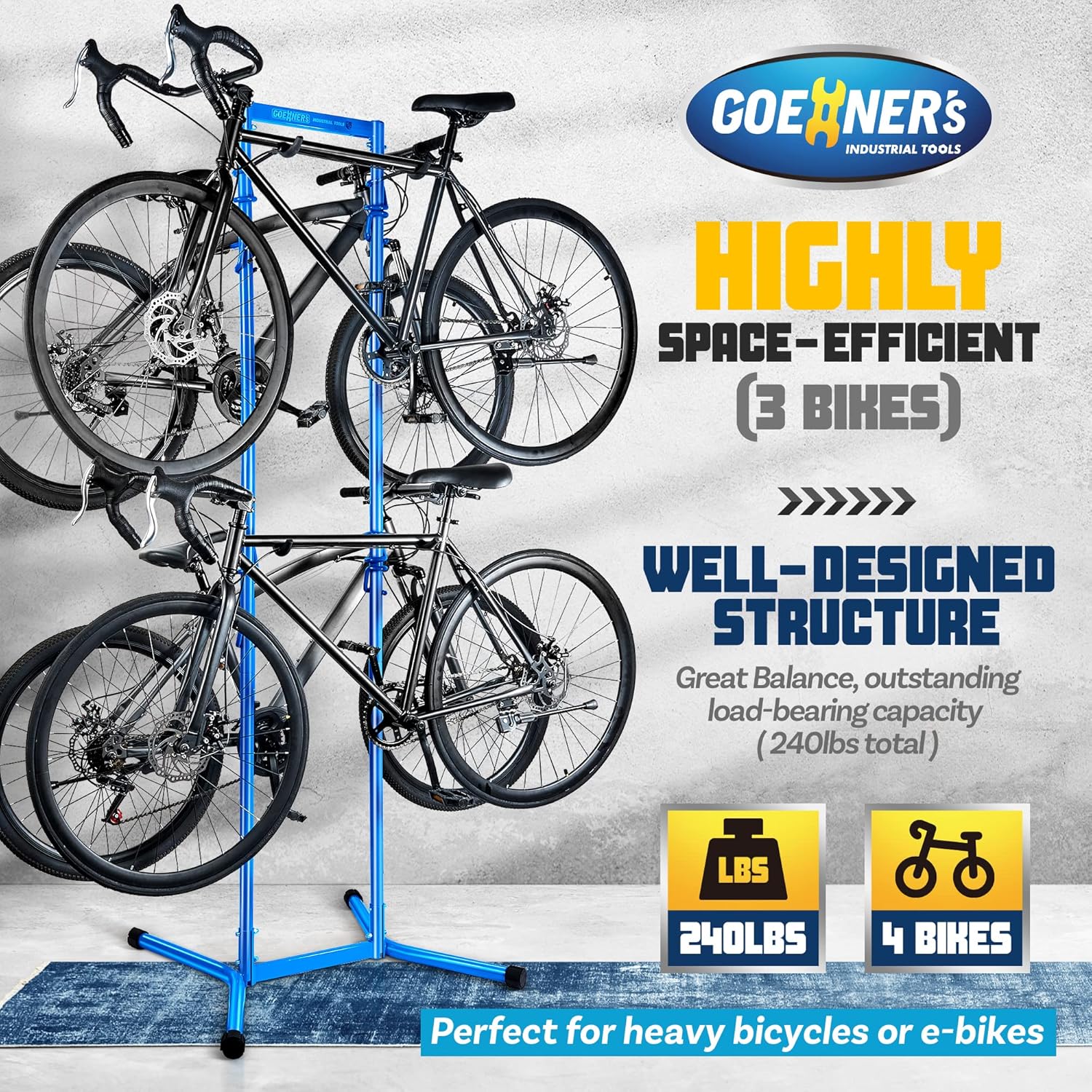 Alternative view of GOEHNER's 4 Bike Storage Rack Garage (Max. 240LBS), 4 Bicycle Indoor Standing Bike Rack, Height Adjustable for Road Mountain Bicycles