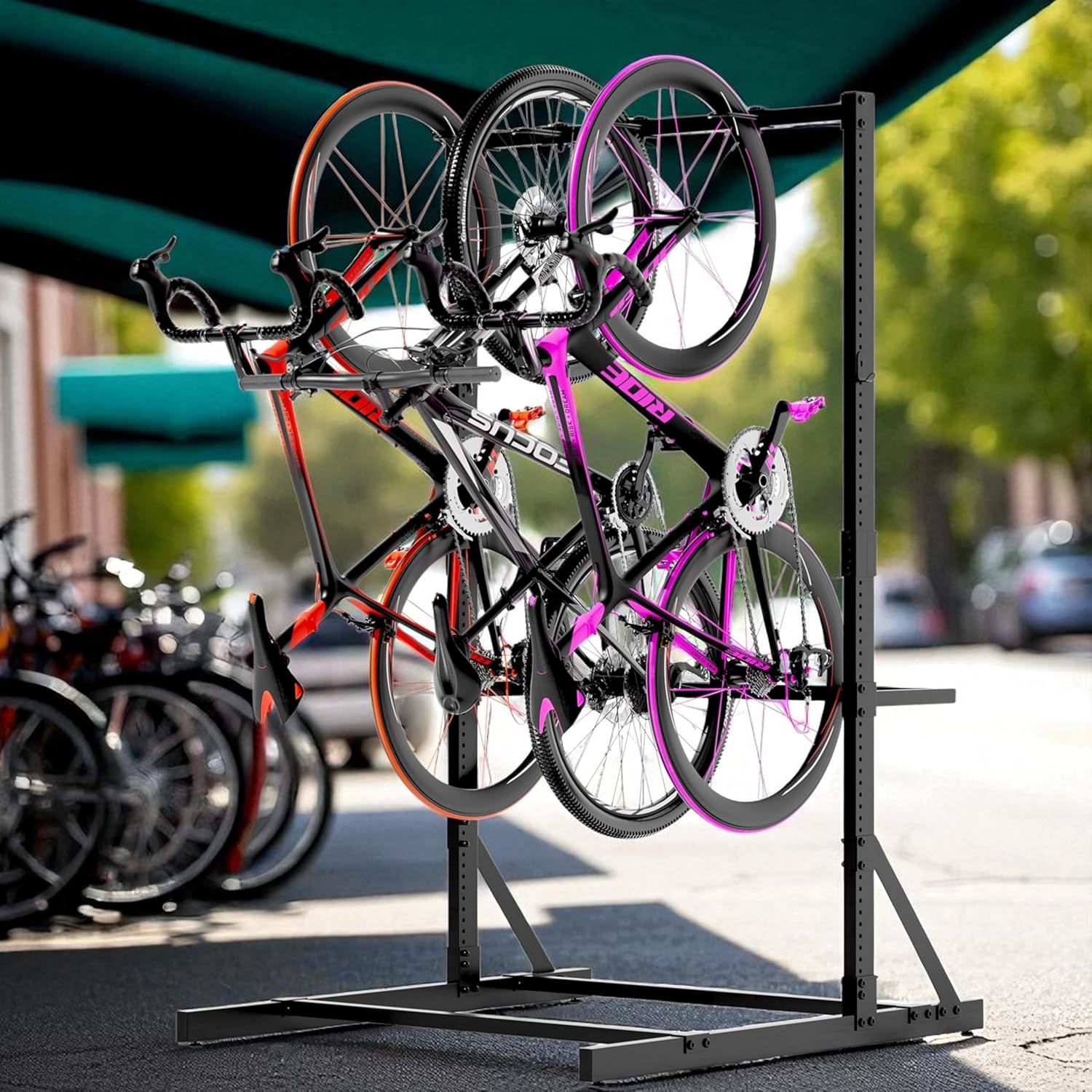 Freestanding Bike Rack Storage, 4 Bike Rack Adjustable Height, Space Saving, Vertical Floor Stand Bike Storage Garage for Backyard, Garage Organizer, Workplace, Up to 300 LBS (Upgraded 4 Bike Rack)