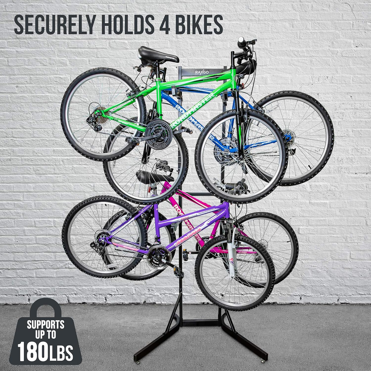 Alternative view of RaxGo Bike Garage Storage Rack, 4 Bicycle Garage Floor Stand, Adjustable, Freestanding, Adjustable Hooks, For Mountain & Road bicycles, Universal For Indoor Use