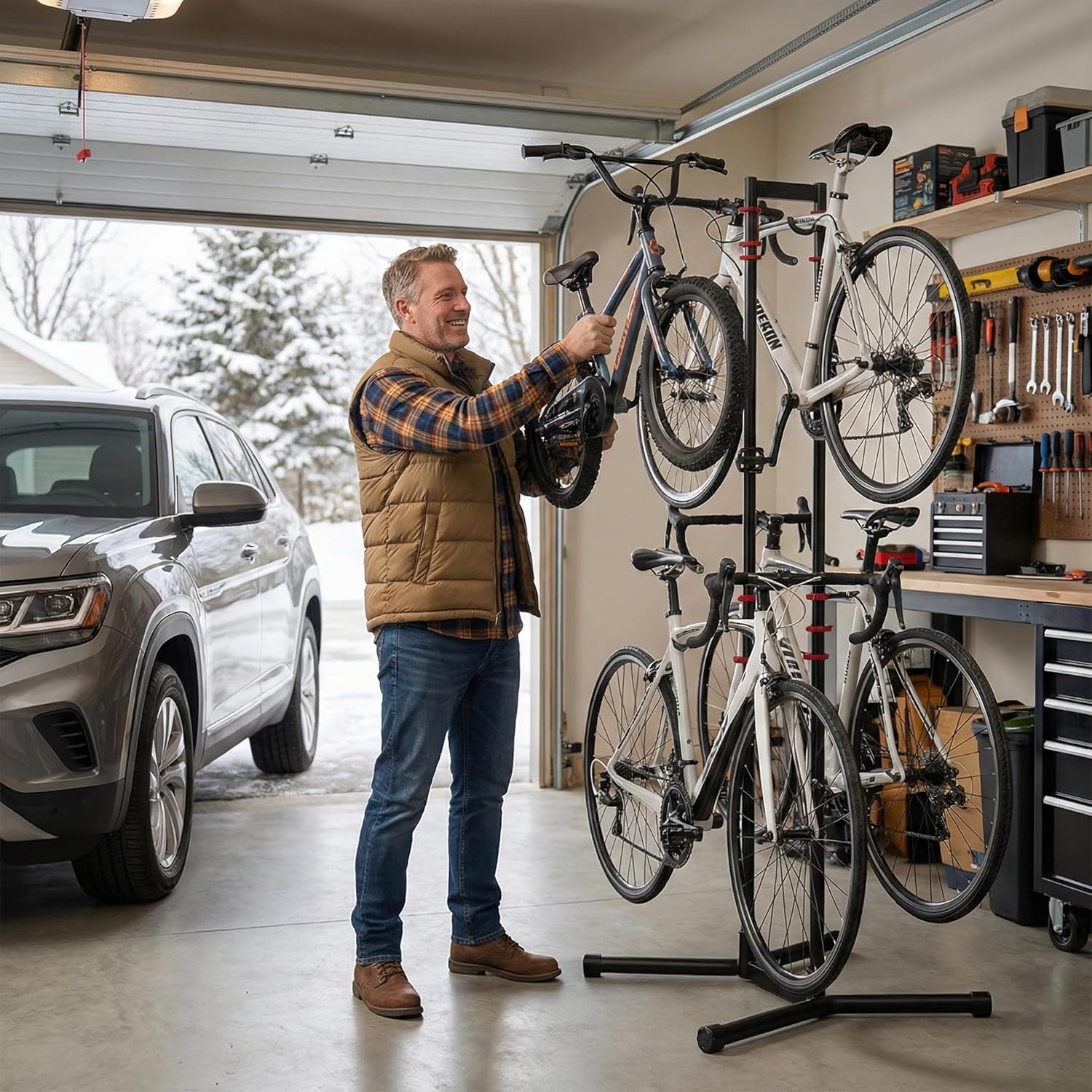 Teraysun Indoor 4 Bike Storage Rack, eavy Duty Garage Storage Organizer for Winter Bicycle Storage, Vertical Indoor Parking Rack for Mountain, Road & Hybrid Bikes - Holds 154 lbs, No Drilling Required