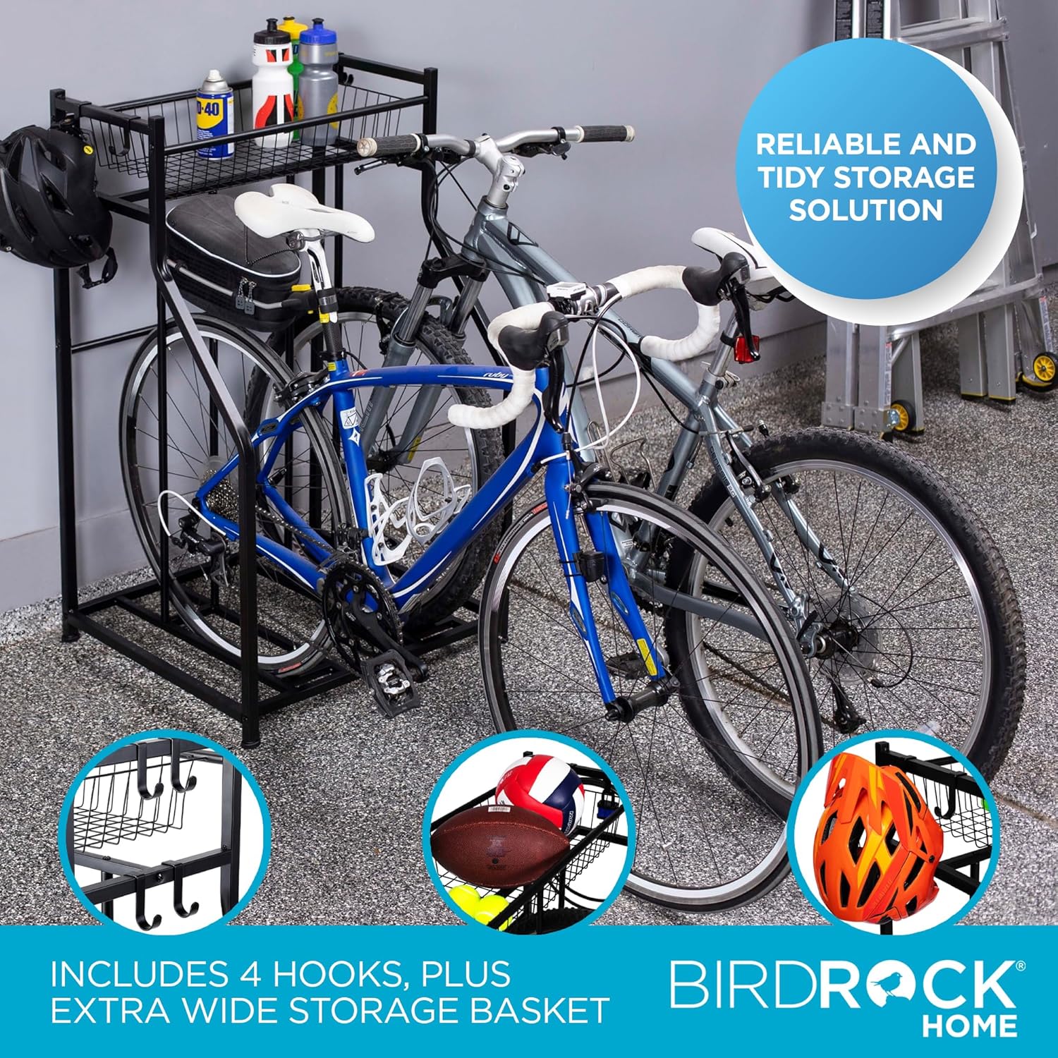 BIRDROCK HOME Bike Rack Garage Storage Floor Stand - Freestanding Organizer for Outdoor Yard - Upright Wall Mount for Scooters, Rakes, Motorcycles, Hoverboards, Gloves - Holds 2 Bicycle - Black - Image 3