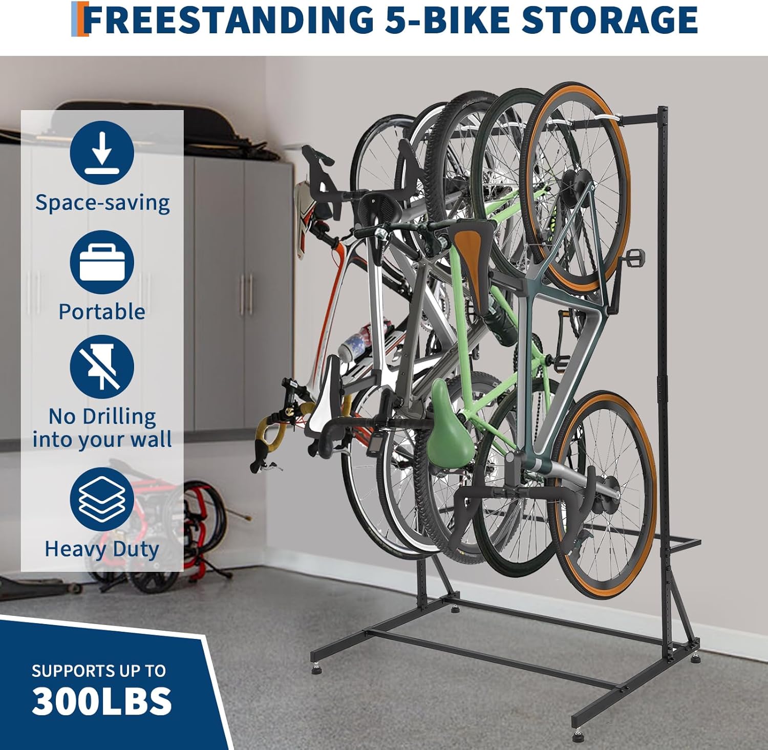 Alternative view of Towallmark Bike Storage Rack, Freestanding 5 Bike Storage, Stand Floor Bike Storage Rack for Garage Bicycle Organizer, Adjustable Height, Up to 300Lbs
