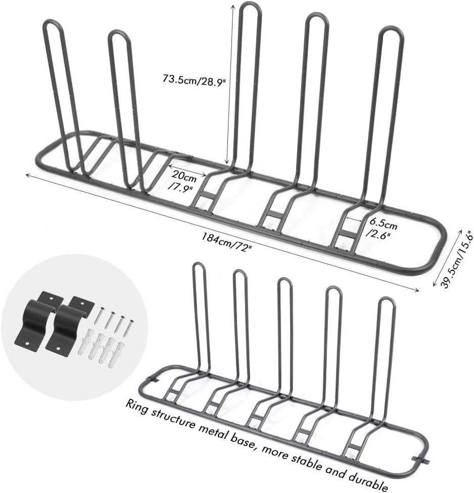 XCSOURCE Bike Parking Stand, Bike Rack Bicycle Floor Parking Stand for 5 Bikes, Adjustable Dual Purposes Bike Storage Holder for Garage, 2 Extra Floor Anchor Brackets Available, Indoor & Outdoor