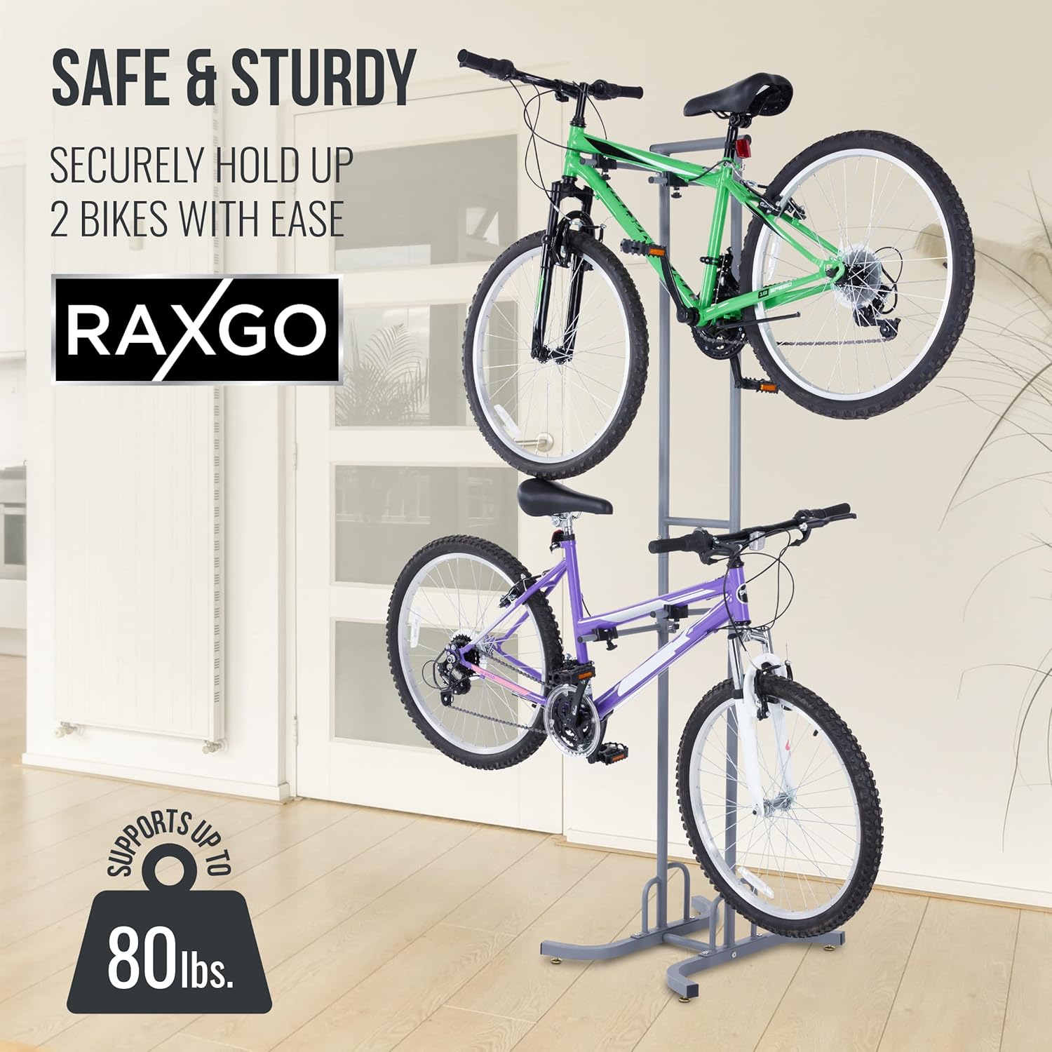 Alternative view of RaxGo Bike Garage Storage Rack, 2 Bicycle Garage Floor Stand, Freestanding, Adjustable Hooks, for Mountain & Road Bicycles, Universal for Indoor Use
