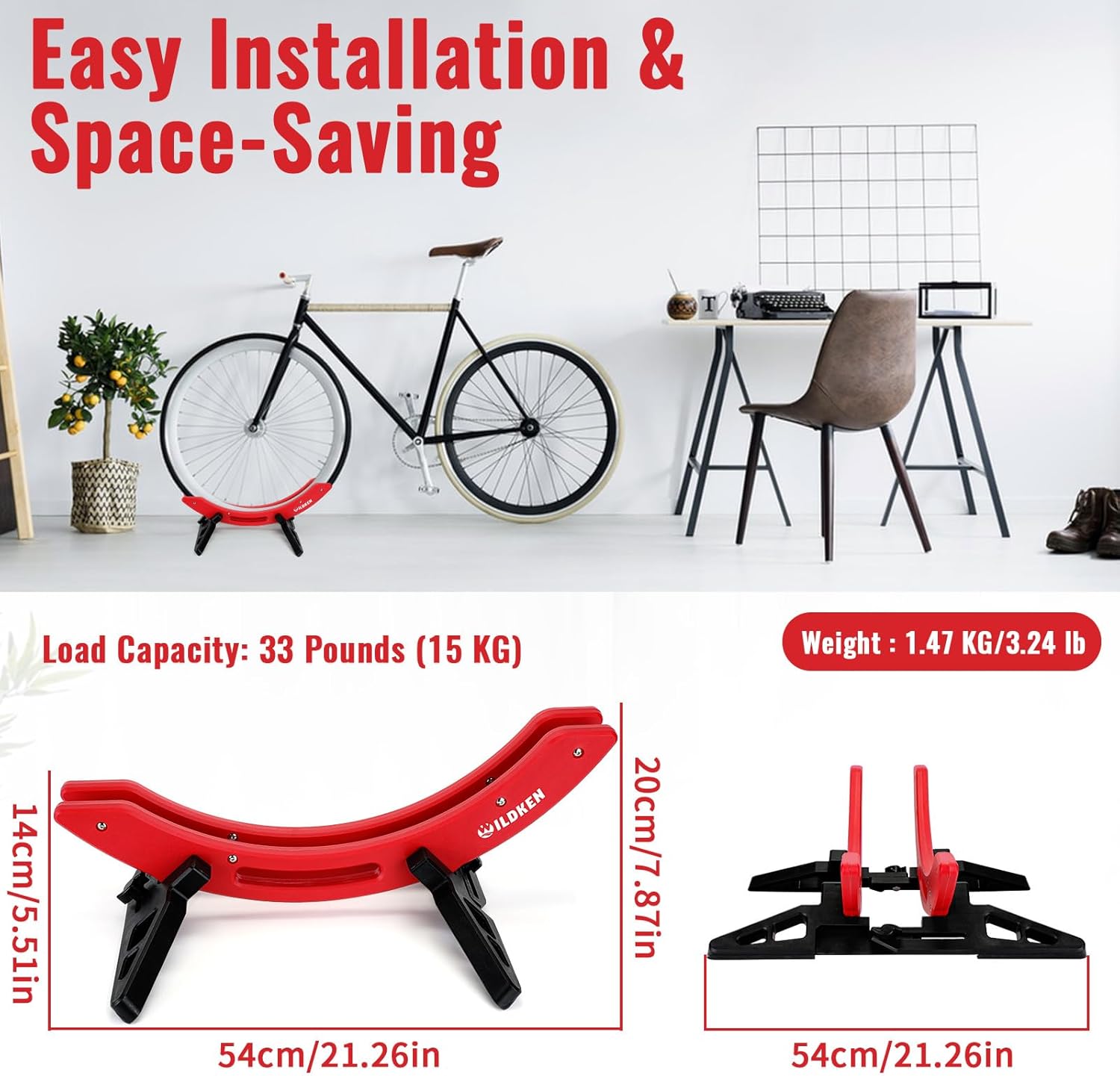 WILDKEN Bike Stand, Bike Stand Floor for Home/Garage Adjustable Bicycle Stand Bike Parking Rack Fit Road Bike, Mountain Bike, MTB, BMX, Commuter Bike, Kids Bike, Scooter (Red)