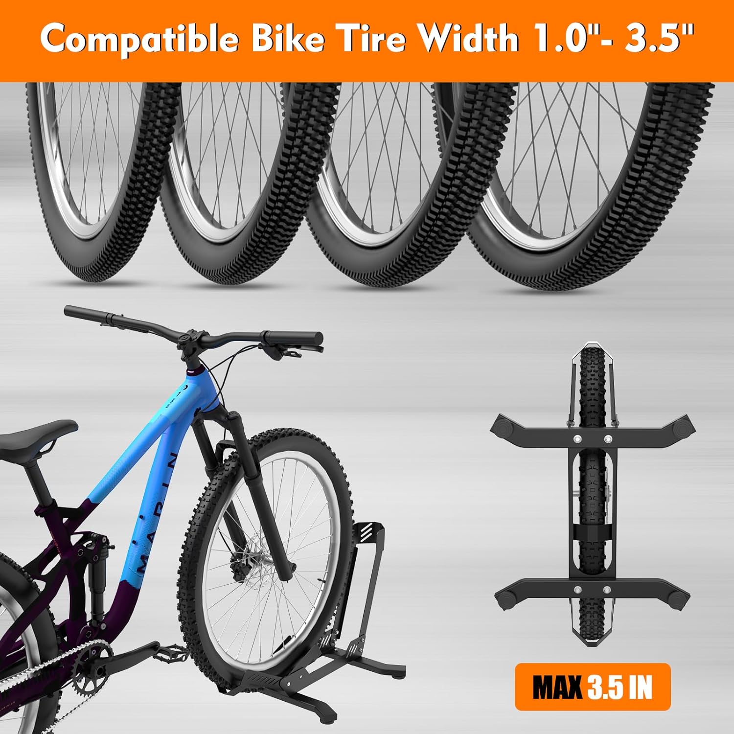 Alternative view of Bike Floor Stand, Portable Bike Storage for Garage - up to 3.5" Tire Wide, MTB & Road Bicycle Floor Stand, Front and Rear Wheel Parking Rack Fit for 24"-29" Bikes - Black