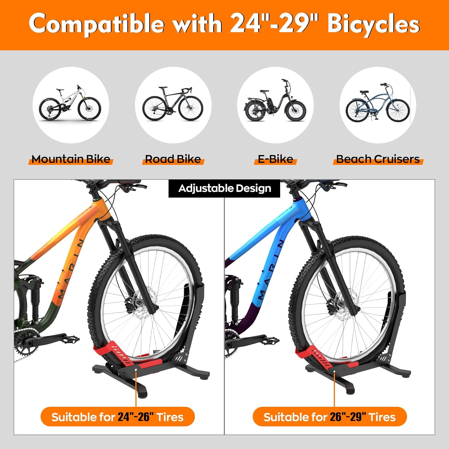 Bike Floor Stand, Portable Bike Storage for Garage - up to 3.5" Tire Wide, MTB & Road Bicycle Floor Stand, Front and Rear Wheel Parking Rack Fit for 24"-29" Bikes - Red