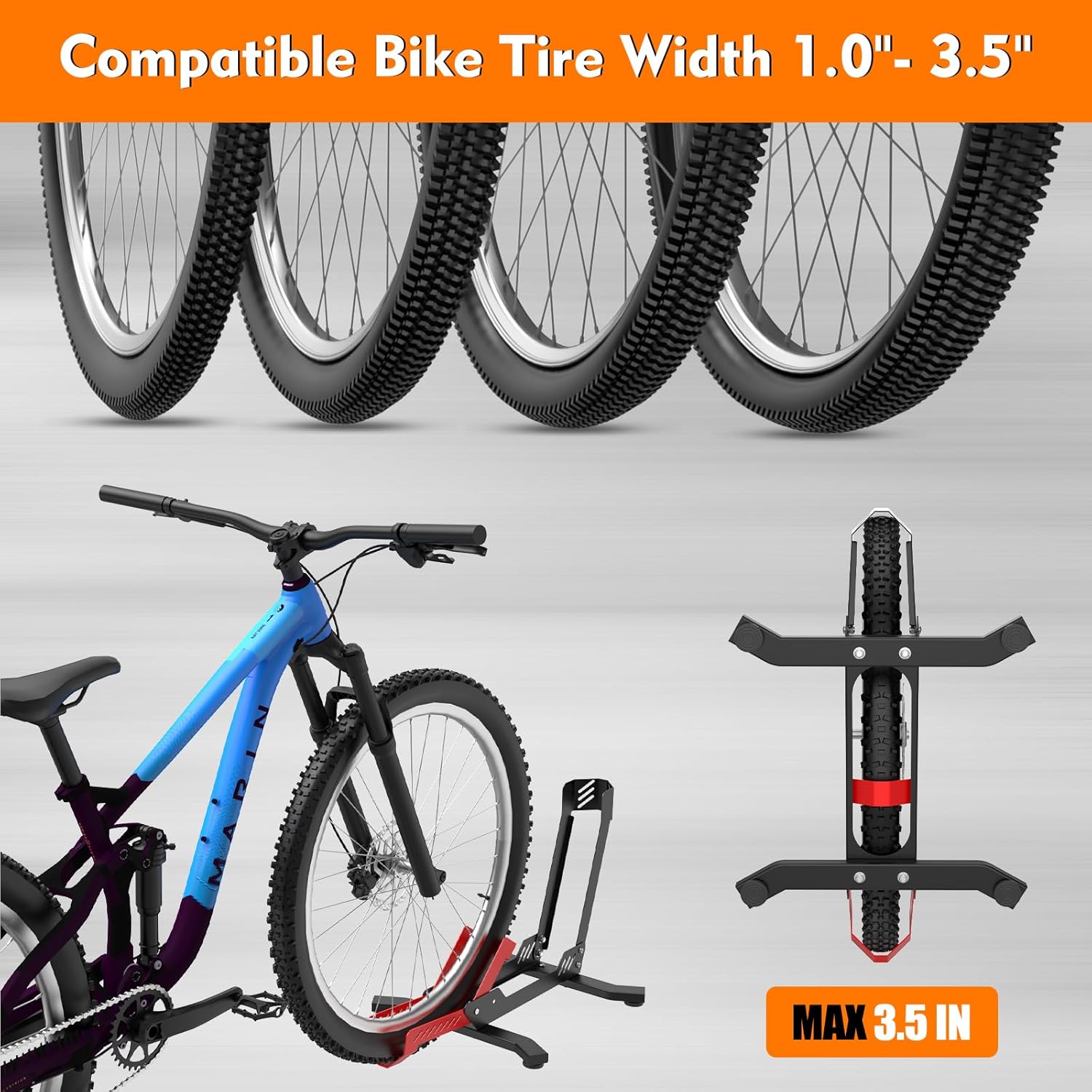 Alternative view of Bike Floor Stand, Portable Bike Storage for Garage - up to 3.5" Tire Wide, MTB & Road Bicycle Floor Stand, Front and Rear Wheel Parking Rack Fit for 24"-29" Bikes - Red