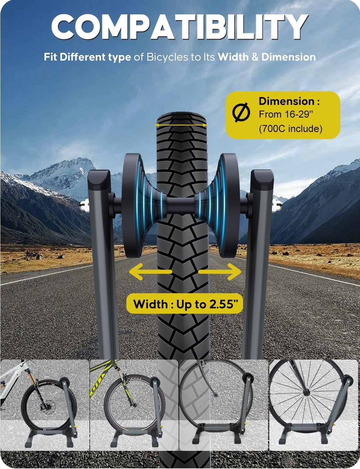 Alternative view of Bike Stand Floor for 16" - 29" Tires, Folding Garage Bike Rack for MTB & Road Bike Up to 2.4" Tire Width, Easy Storage Indoor Bicycle Stand，Latest Carbon Steel Version