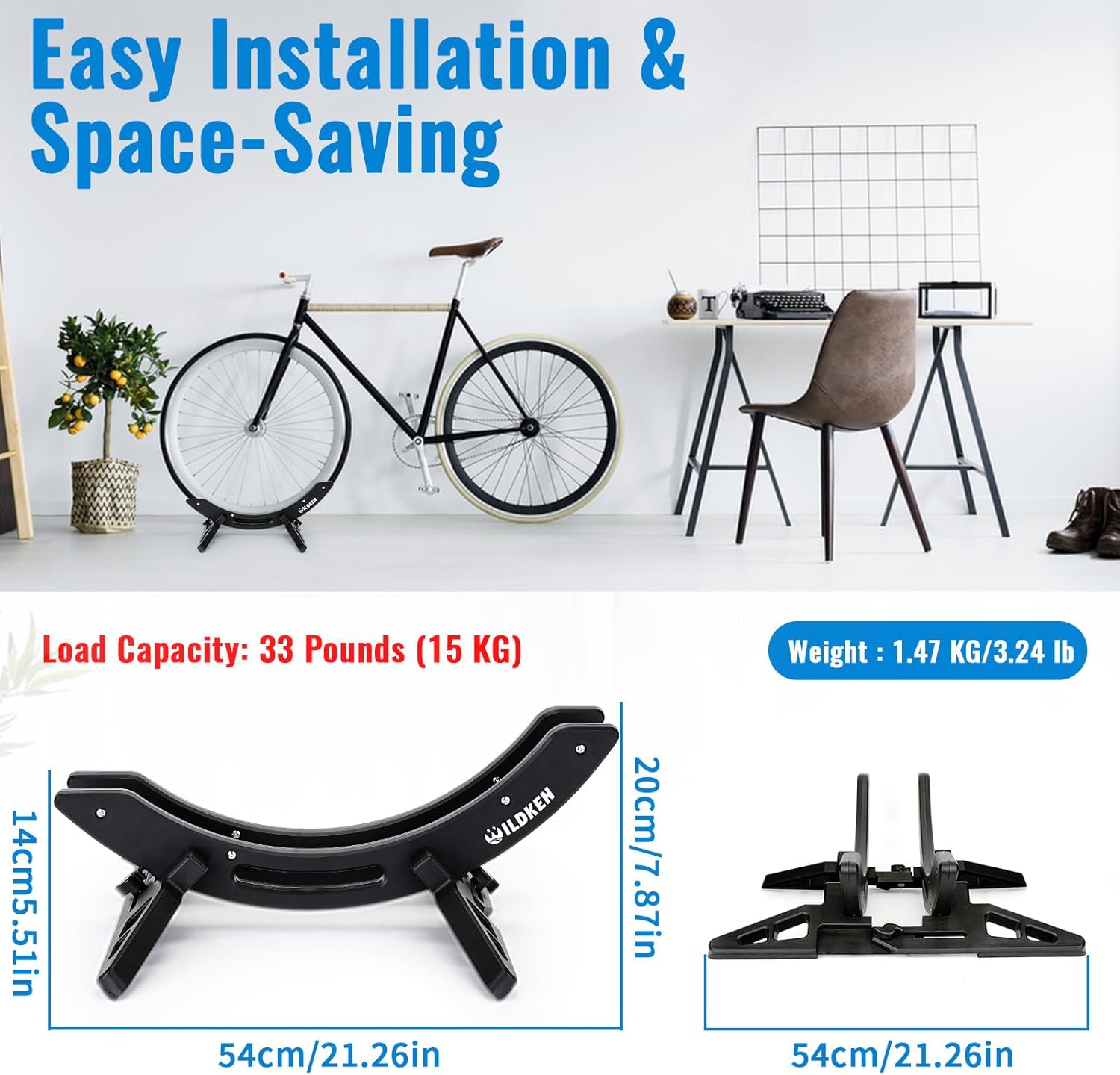 WILDKEN Bike Stand, Bike Stand Floor for Home/Garage Adjustable Bicycle Stand Bike Parking Rack Fit Road Bike, Mountain Bike, MTB, BMX, Commuter Bike, Kids Bike, Scooter (Black)