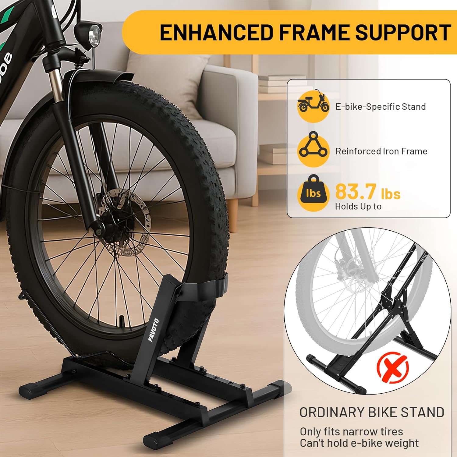 Alternative view of Favoto Bike Stand for E-Bikes, Road & Mountain Bicycles – Adjustable Indoor Floor Garage Storage Rack for 20"-29" Bikes and Fat Tires up to 4.0"