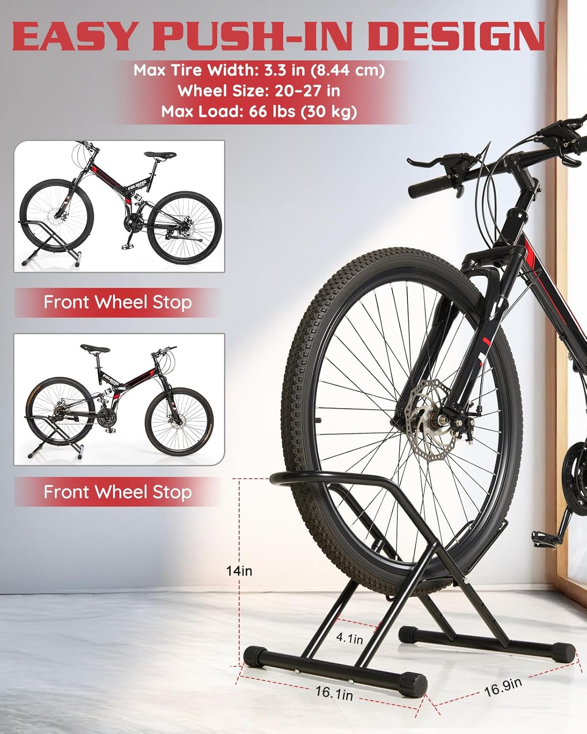 Upgraded 3.3"Wide Tire Floor Bike Stand Rack, Heavy Duty Garage Indoor Bike Storage, Fits 20"-27" Wheels, Kids Road Mountain Bikes, 66lbs Max Load, Anti-Slip Rubber Base