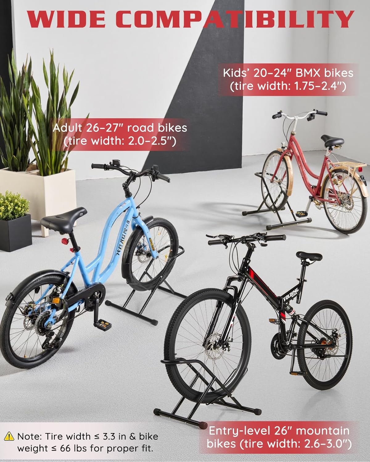 Alternative view of Upgraded 3.3"Wide Tire Floor Bike Stand Rack, Heavy Duty Garage Indoor Bike Storage, Fits 20"-27" Wheels, Kids Road Mountain Bikes, 66lbs Max Load, Anti-Slip Rubber Base