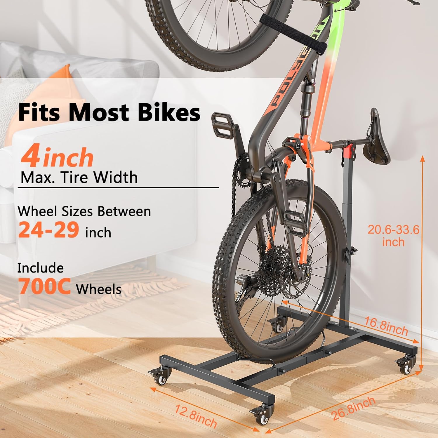 Vertical Bike Stand,Freestanding Space-Saving Bike Rack with Adjustable Height for Wheels Sizes up to 29”,Indoor Bike Storage Rack for Garage & Apartment, Upright Bicycle Floor Holder for MTB Road Bike