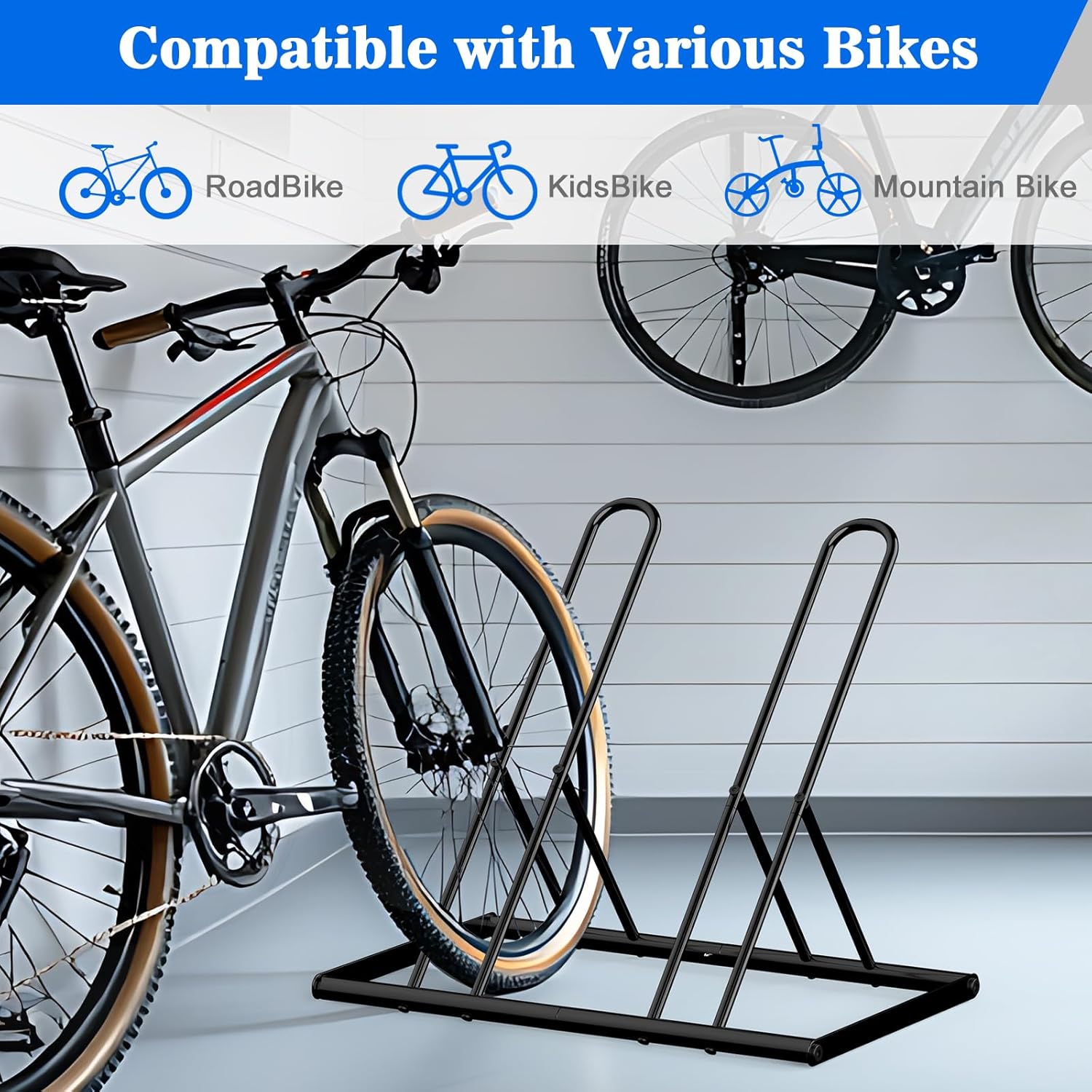 Tuenort 2 Bike Rack, Parking Bike Stand, Outdoor For Mountain Floor Bike Rack, Heavy Duty For Bicycle Garage, Space-Saving Bicycle Holder For Home, Yard, Office, Black - Image 5