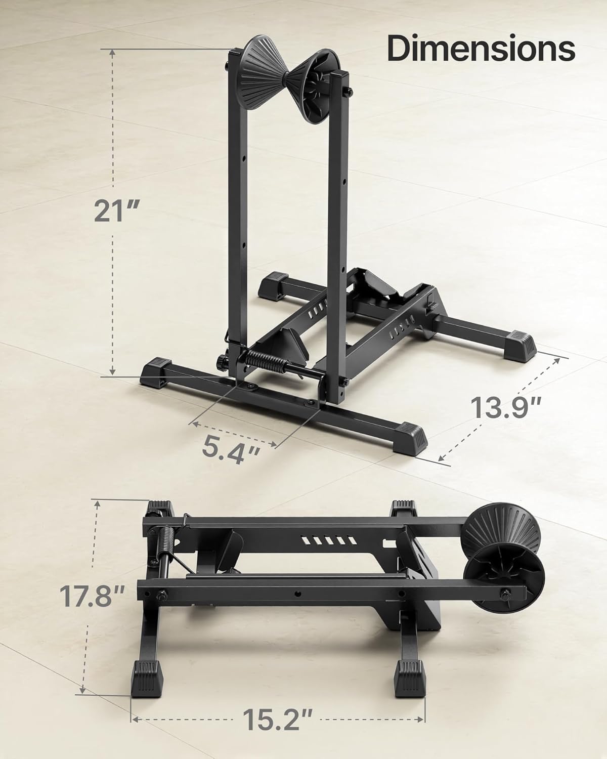 monTEK Heavy-Duty Bike Floor Stand for Max 4.5" Tire Width | 77lbs Capacity Dual-Arm Foldable Bicycle Storage Rack | 3-Level Height Adjustable | Fit 20"-29" Wheels for Road, Mountain & Fat Bikes