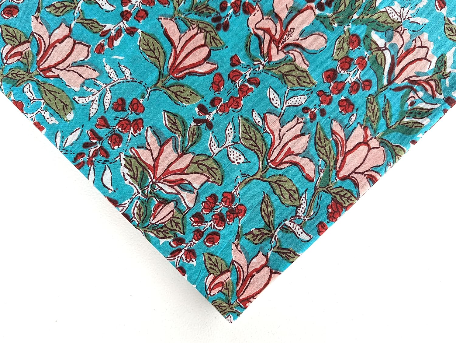AVKA Studio Hand Block Print Fabric by The Yard - PRECUT 3 Yard 42 Inch Width - 100% Cotton Material - Turquoise Blue Floral Pattern - Light Weight Indian Cloth for Making Summer Dress Indian Fabric