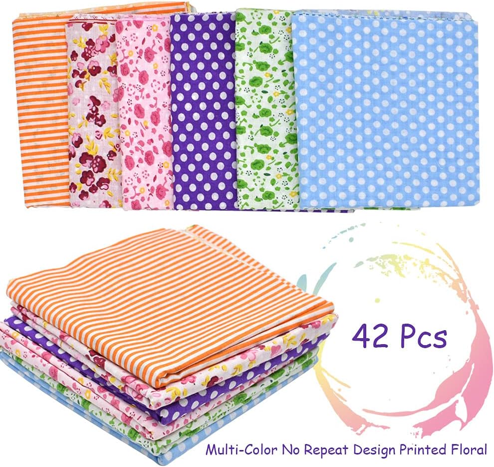 Alternative view of 42Pcs 10"x10" Quilting Cotton Fabric Squares Sheets Pre-Cut Multi-Color Design Printed Floral Craft Fabric for DIY Sewing Scrapbooking Quilting Craft Patchwork (Red/Pink/Yellow/Green/Blue/Purple)