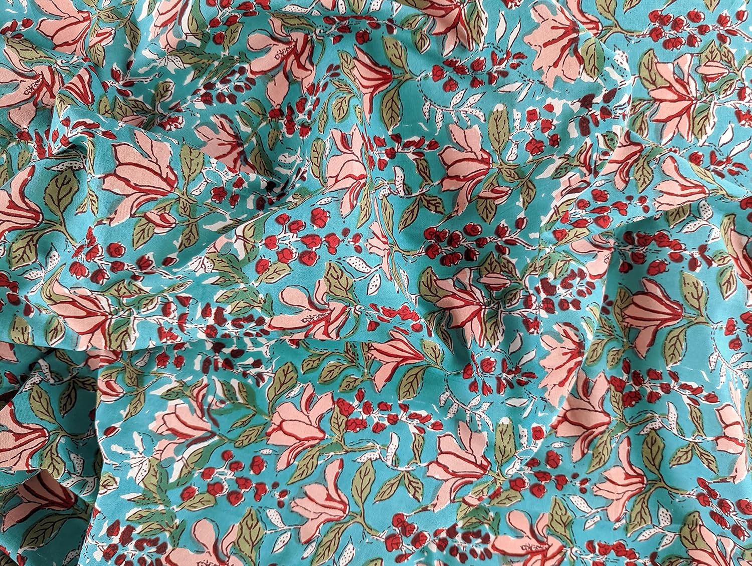 Alternative view of AVKA Studio Hand Block Print Fabric by The Yard - PRECUT 3 Yard 42 Inch Width - 100% Cotton Material - Turquoise Blue Floral Pattern - Light Weight Indian Cloth for Making Summer Dress Indian Fabric
