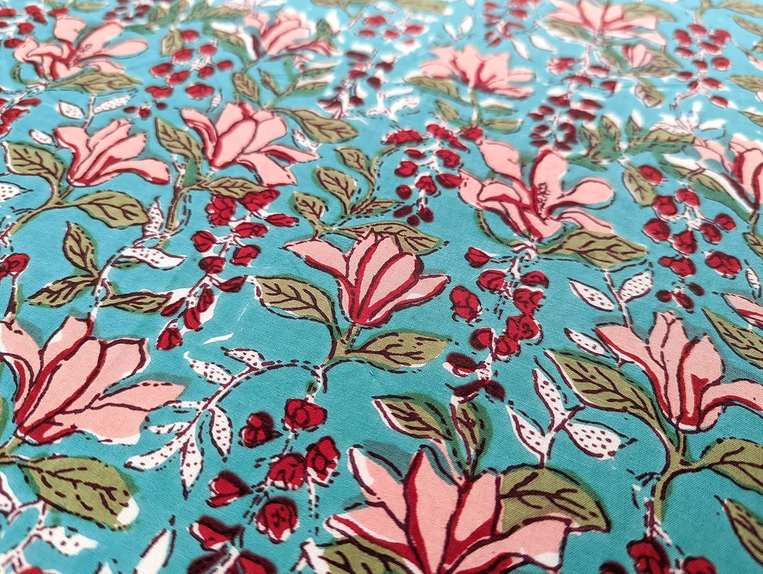 AVKA Studio Hand Block Print Fabric by The Yard - PRECUT 3 Yard 42 Inch Width - 100% Cotton Material - Turquoise Blue Floral Pattern - Light Weight Indian Cloth for Making Summer Dress Indian Fabric - Image 3