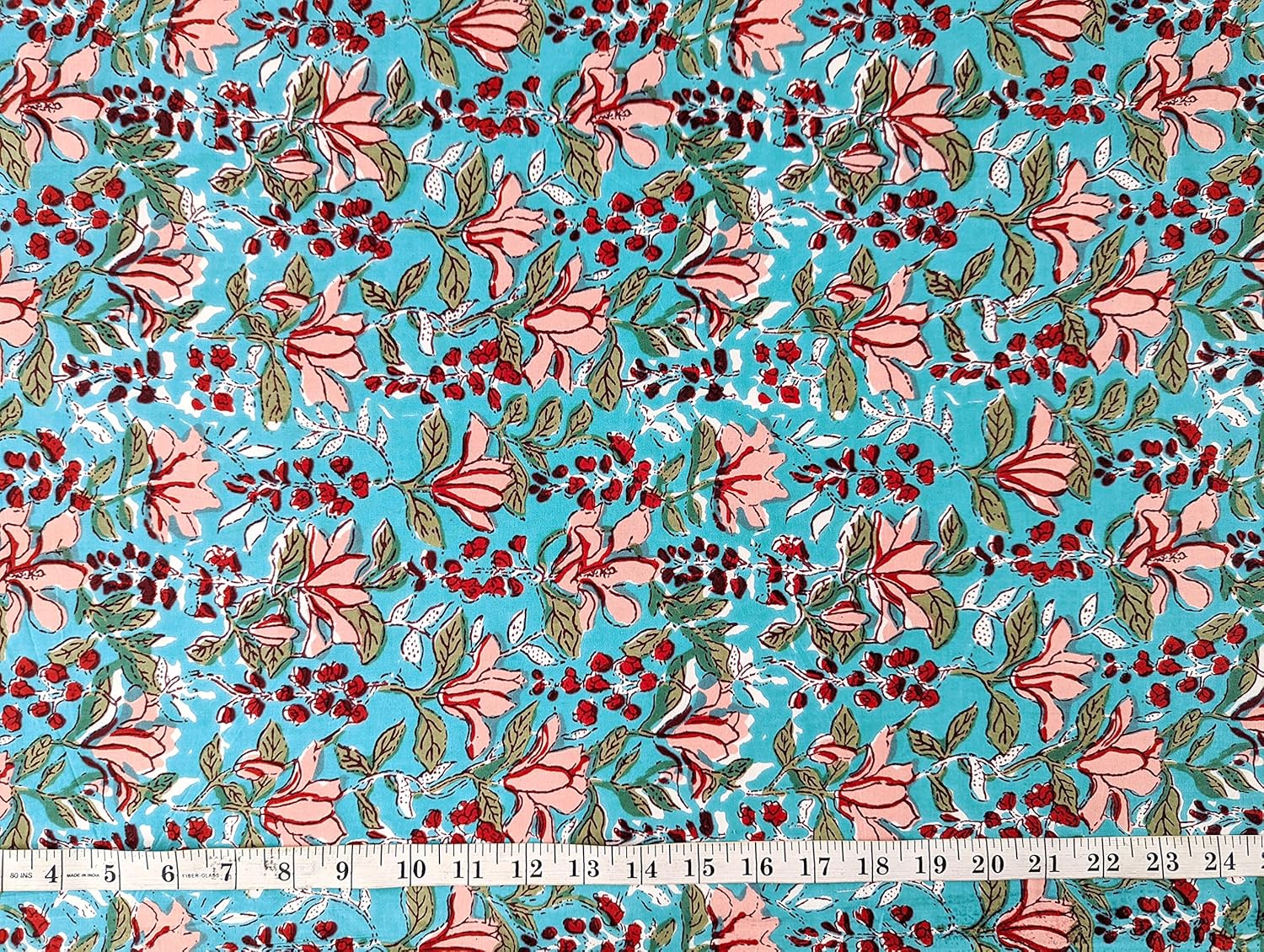 AVKA Studio Hand Block Print Fabric by The Yard - PRECUT 3 Yard 42 Inch Width - 100% Cotton Material - Turquoise Blue Floral Pattern - Light Weight Indian Cloth for Making Summer Dress Indian Fabric - Image 4
