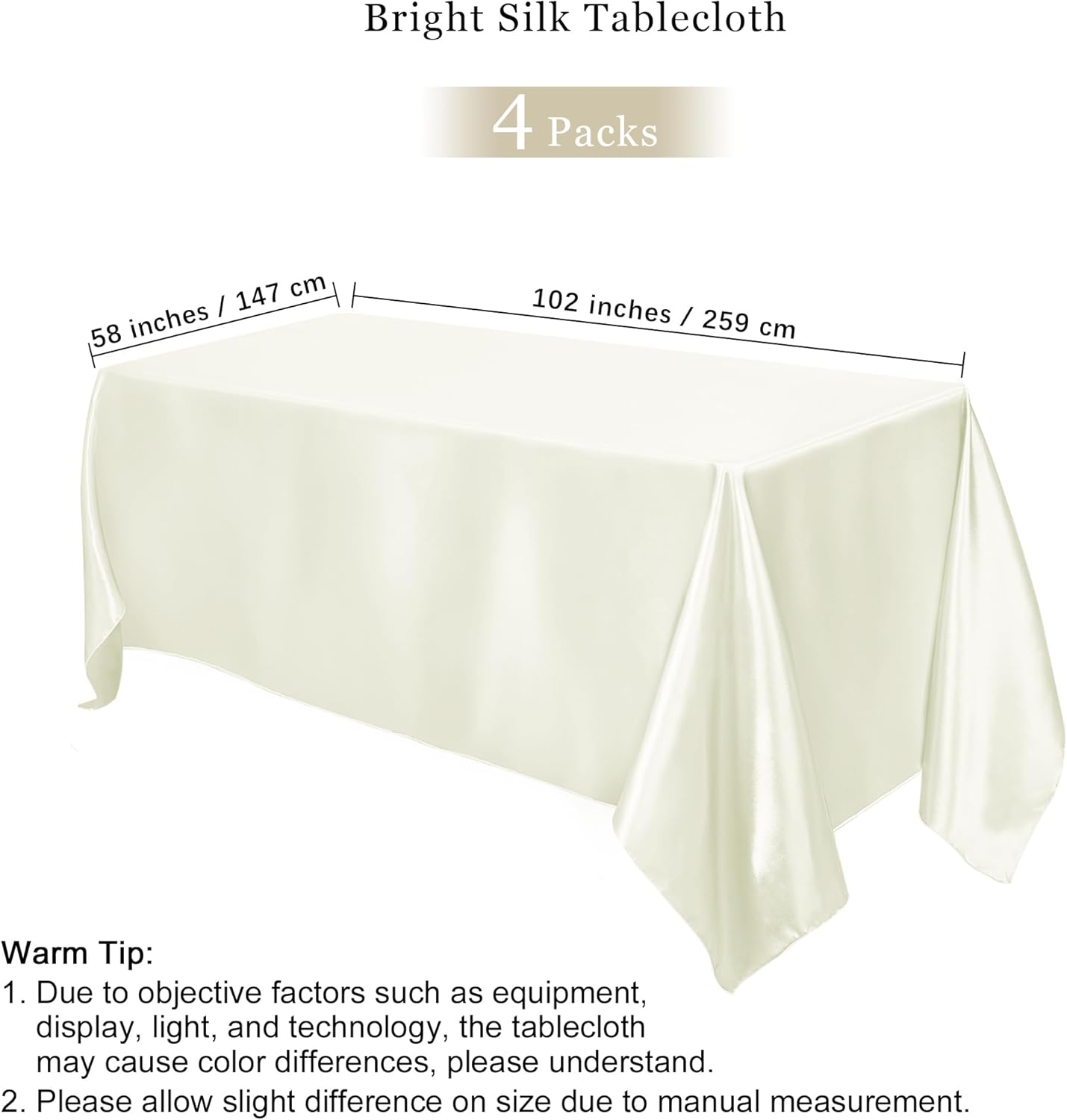 Alternative view of TURSTIN 4 Packs Satin Tablecloth 102 x 58 Inch Overlay Satin Table Cover Rectangle Bright Silk Tablecloth Smooth Fabric Table Decoration for Wedding Banquet Party Events, Ivory
