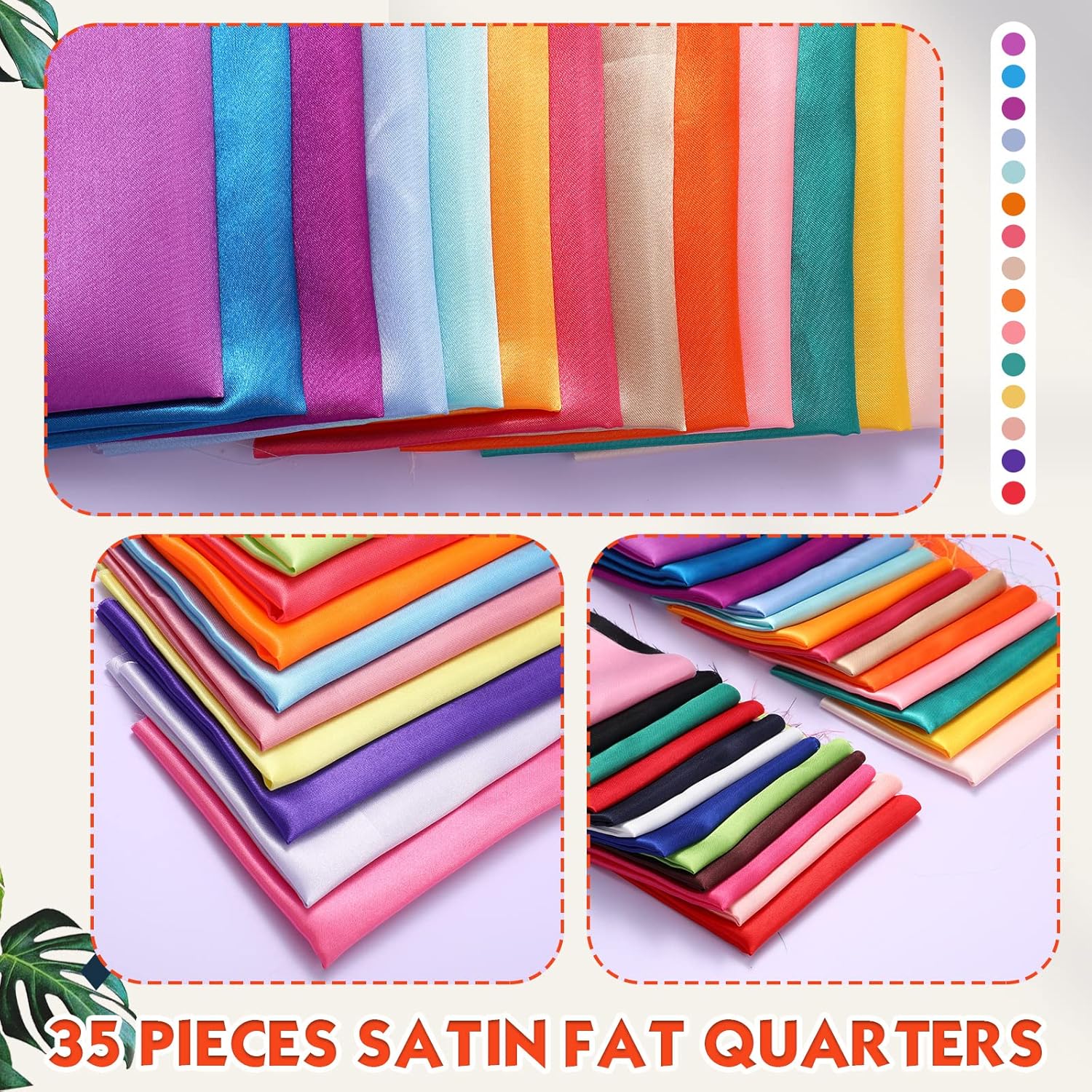 Alternative view of 35 Pcs Satin Fat Quarter 35 Solid Color Silky Satin Patchwork Fabric for Bundle Lining Polyester Quilting Wedding Bridal Dress Table Decorations Costume Sewing Apparel Crafts (10 x 8 Inch)