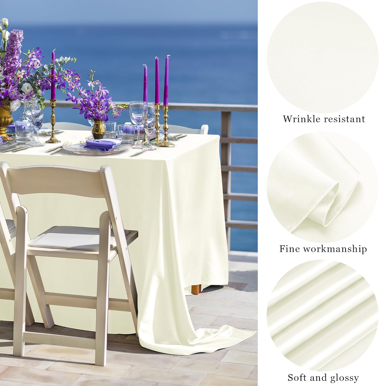 TURSTIN 4 Packs Satin Tablecloth 102 x 58 Inch Overlay Satin Table Cover Rectangle Bright Silk Tablecloth Smooth Fabric Table Decoration for Wedding Banquet Party Events, Ivory - Image 3