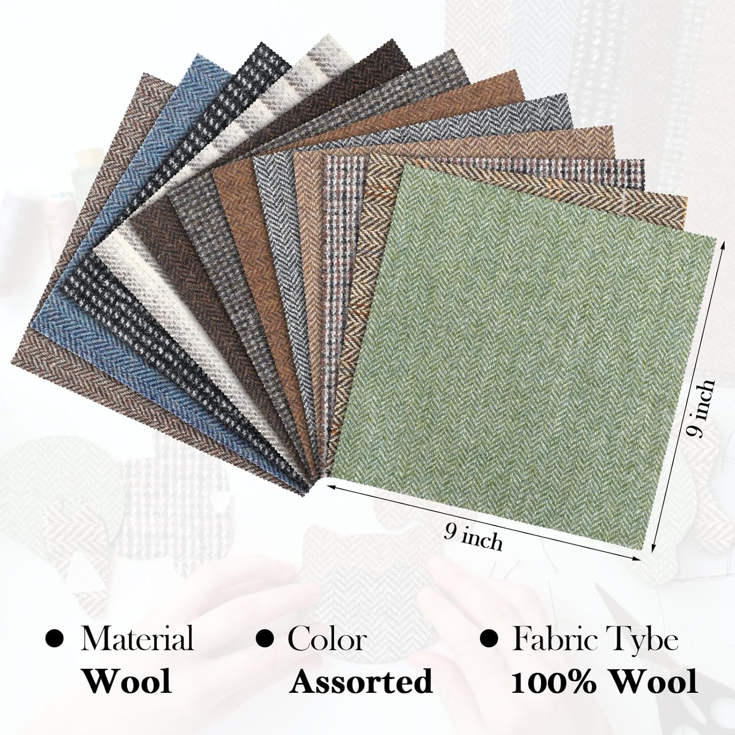 12 Pcs Wool Fabric by The Yard 9 x 9 Inches Wool Remnants Offcuts Multi Color Tweed Squares Wool Felt Sheets for Felting, Applique and Other DIY Craft