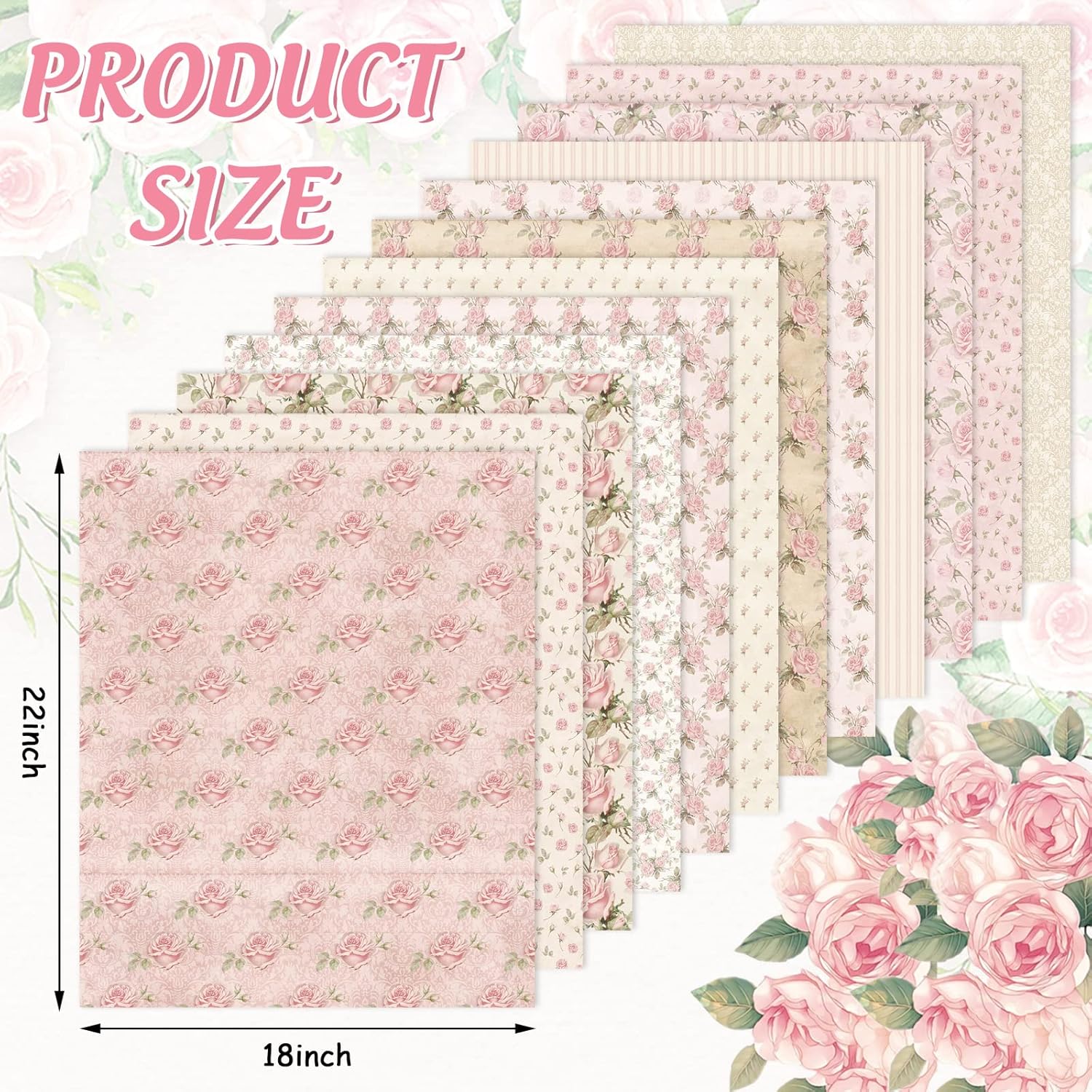 Whaline 12Pcs Spring Cotton Fabric Bundles 18 x 22 Inch Retro Floral Printed Fat Quarters Pink Flower Quilting Patchwork Squares Sewing Fabrics for DIY Handmade Crafting Home Party Decor