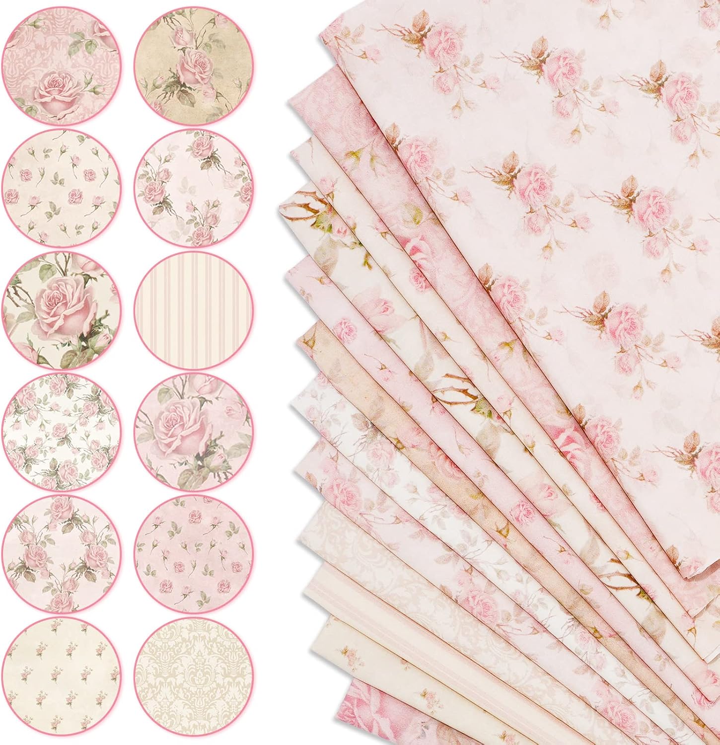 Alternative view of Whaline 12Pcs Spring Cotton Fabric Bundles 18 x 22 Inch Retro Floral Printed Fat Quarters Pink Flower Quilting Patchwork Squares Sewing Fabrics for DIY Handmade Crafting Home Party Decor