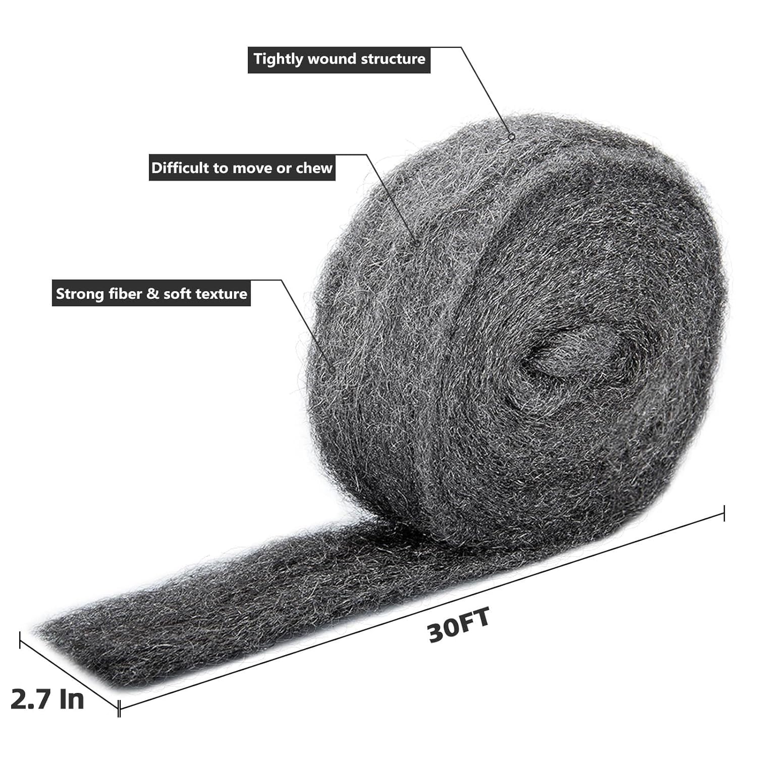 30Ft(10oz) Steel Wool Roll, Coarse Wire Fabric for Pest Control, Hardware Gap Blocker & Animal Proofing in Home & Garden (DIY Kit)