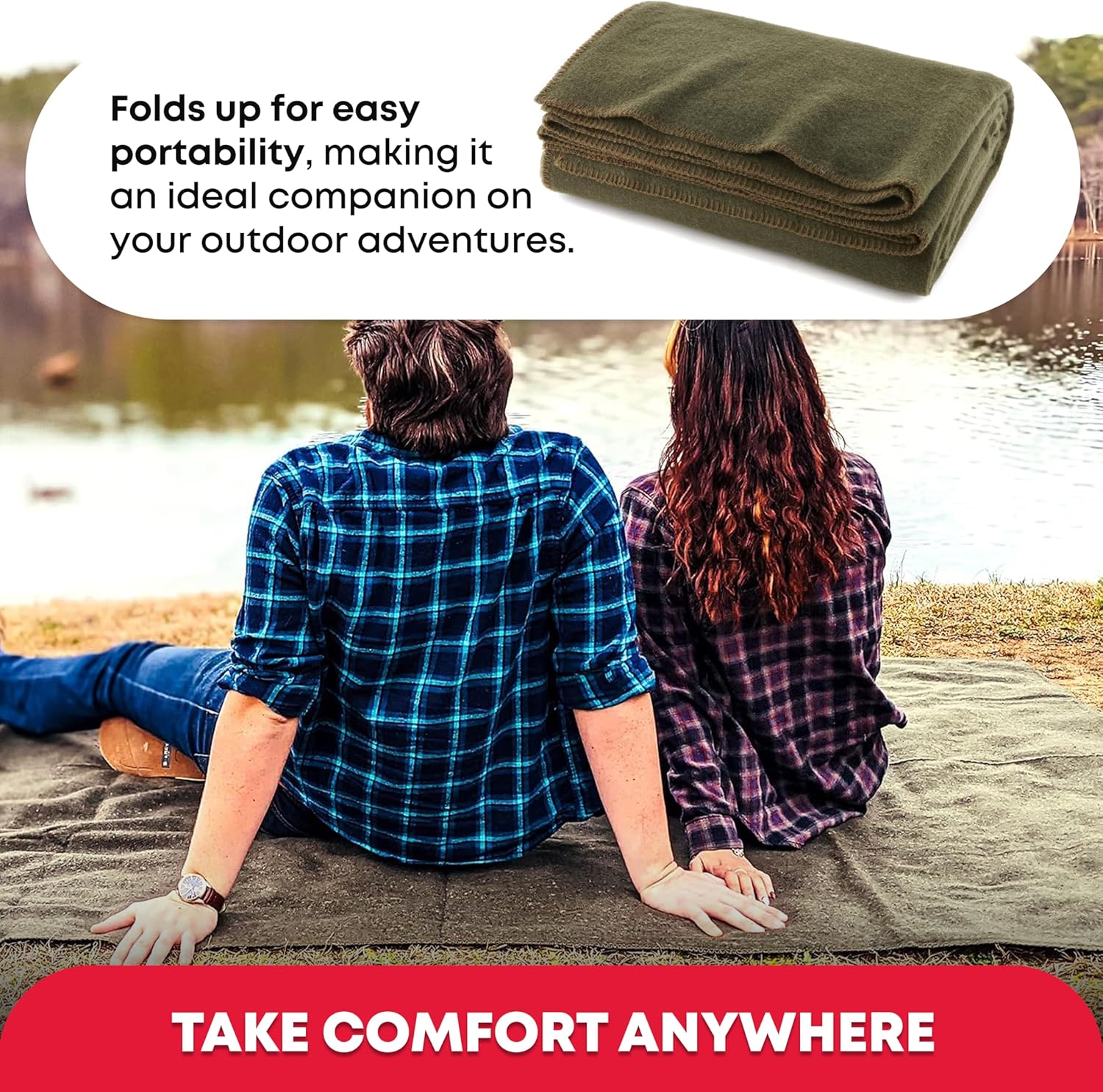 Ever Ready First Aid Olive Drab Green Fire Retardant Warm Blanket, 66" x 90" (80% Wool), US Military Style Survival and Emergency Blanket for Camping and Outdoor Use