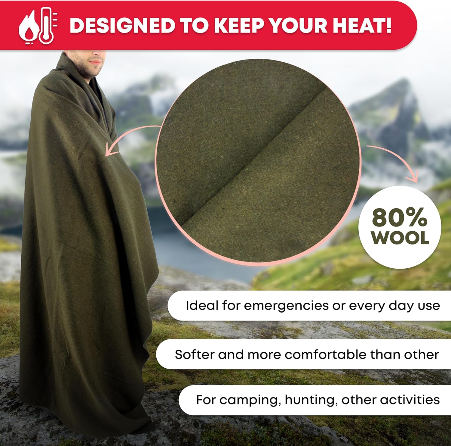 Alternative view of Ever Ready First Aid Olive Drab Green Fire Retardant Warm Blanket, 66" x 90" (80% Wool), US Military Style Survival and Emergency Blanket for Camping and Outdoor Use