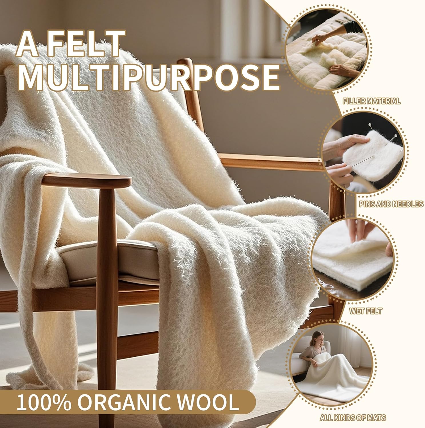 Alternative view of 100% Pure Merino Wool Pre Felt Fabric Dual Sizes: 12x59 & 39x59 19 Micron for Needle/Wet Felting, Quilting, DIY Crafts | Non-Shedding & Skin-Safe (12in*59in)