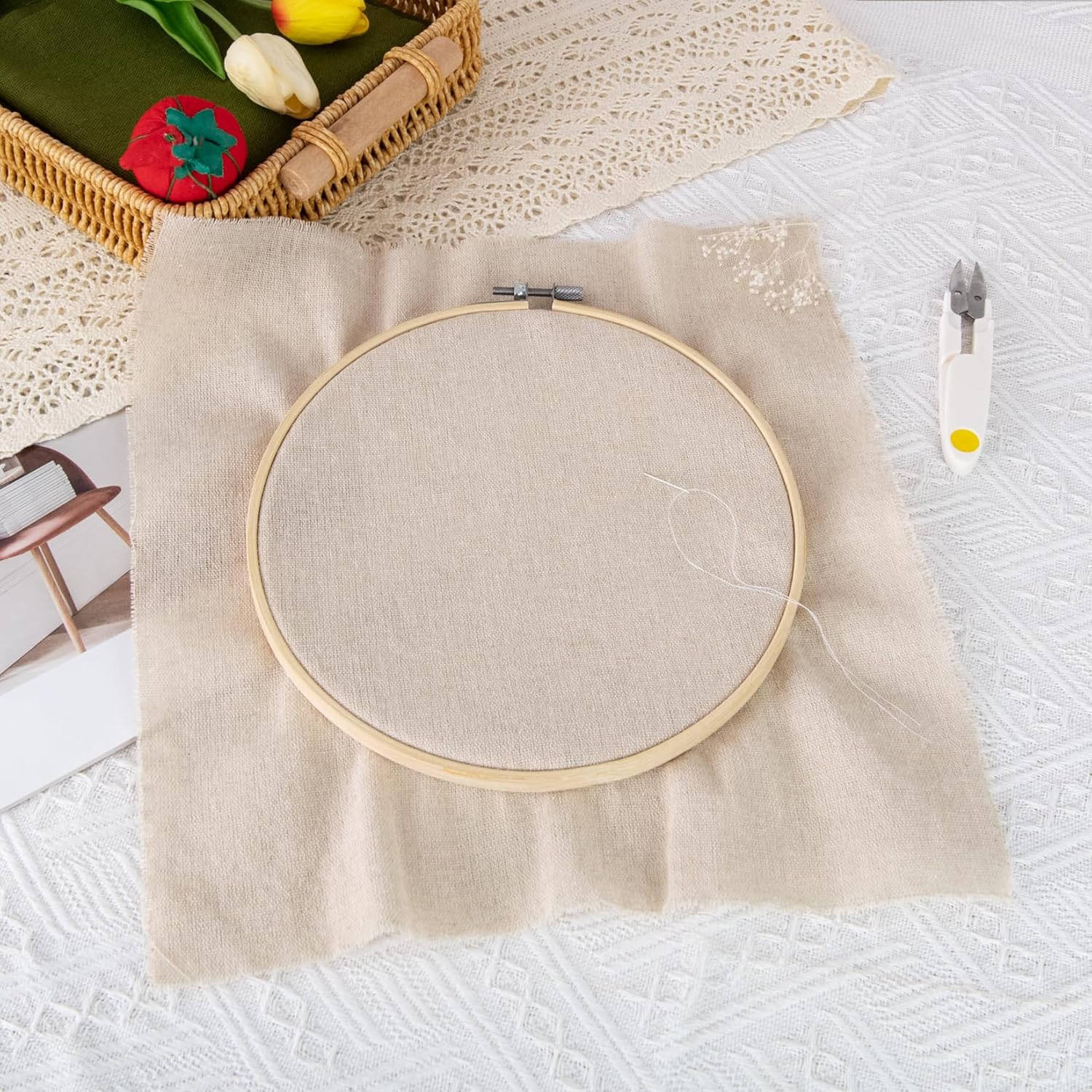 8 PCS Linen Embroidery Fabric, Pre-Cut Solid Color 12 × 12 Inch Square Needlework Fabric, Sewing Quilting Cloth for DIY Garment Crafts, Embroidery Project, Natural White