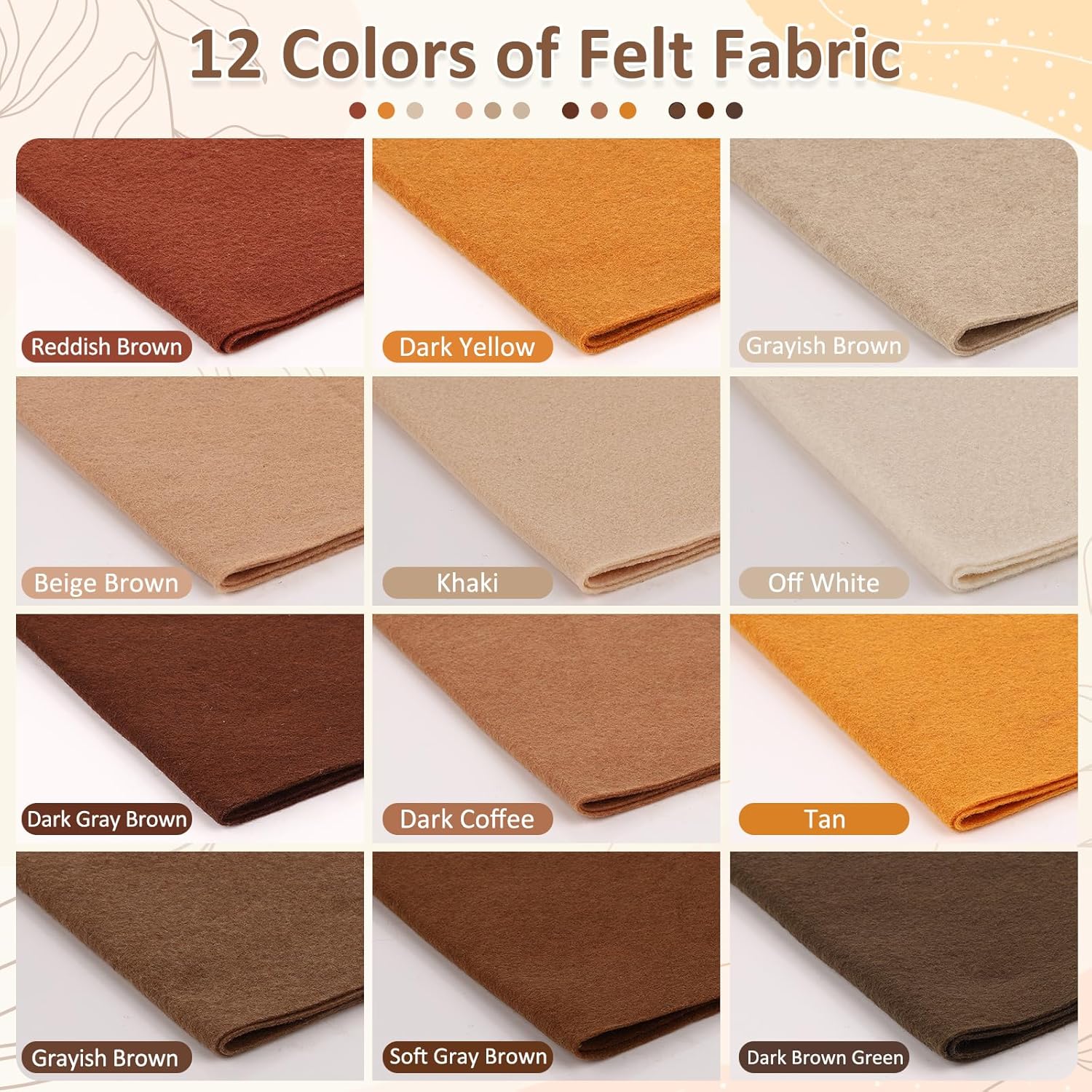 XSEINO 12 Rolls 8"x35"(20.5x90cm) 1.4mm Thick Soft Felt Fabric Sheet 12 Assorted Brown Series Colors Felt Pack for DIY Craft Sewing Squares Nonwoven Patchwork