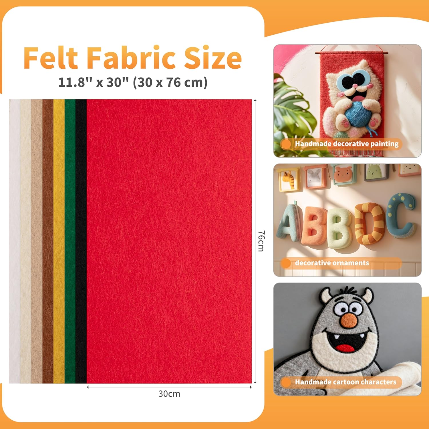 Alternative view of 8 Rolls Felt Fabric Sheets, 11.8"x30" 1mm Thick Wool Blend Felt, 8 Assorted Colors Felt Pack for DIY Craft, Sewing Squares, Nonwoven Patchwork, Holiday Decor